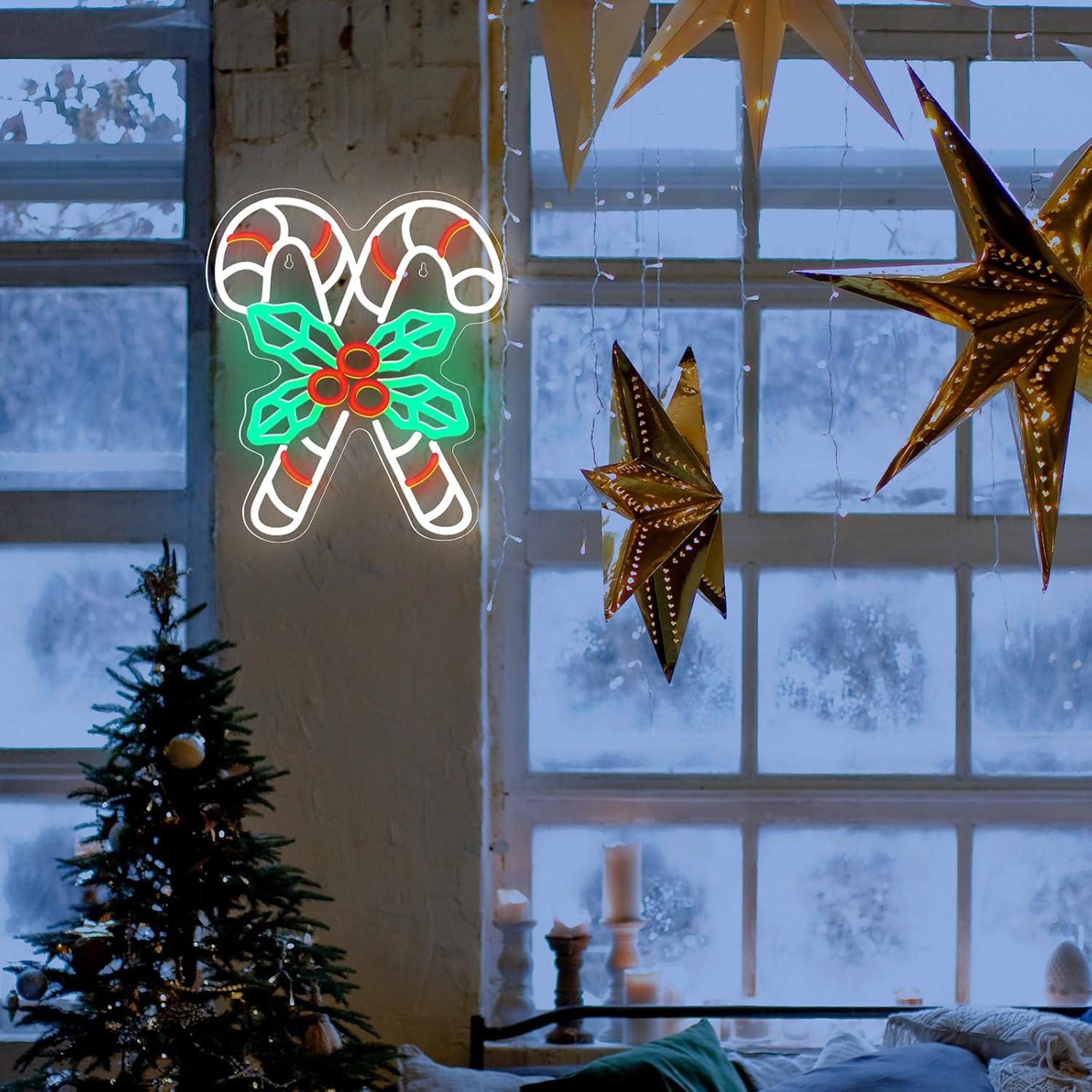 Letrero de neón de caramelo de Navidad de 14.2 x 11.8 pulgadas, letreros LED alimentados por USB, decoración de pared para el hogar, decoración de