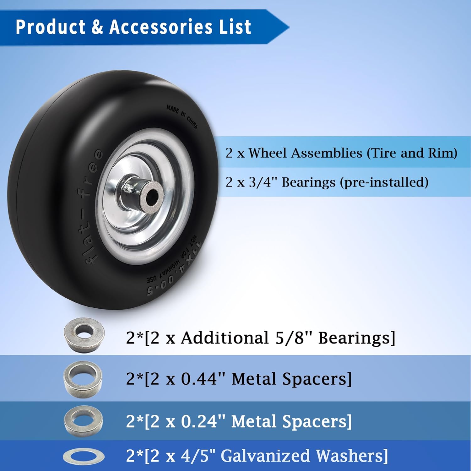 2Pcs Premium 11×4-5 Lawn Mower Tires Flat Free & Zero Turn Mowers, with 34″ & 58″ Grease Bushing and 3.4″-4.8″ Centered Hub, Solution for Commercial