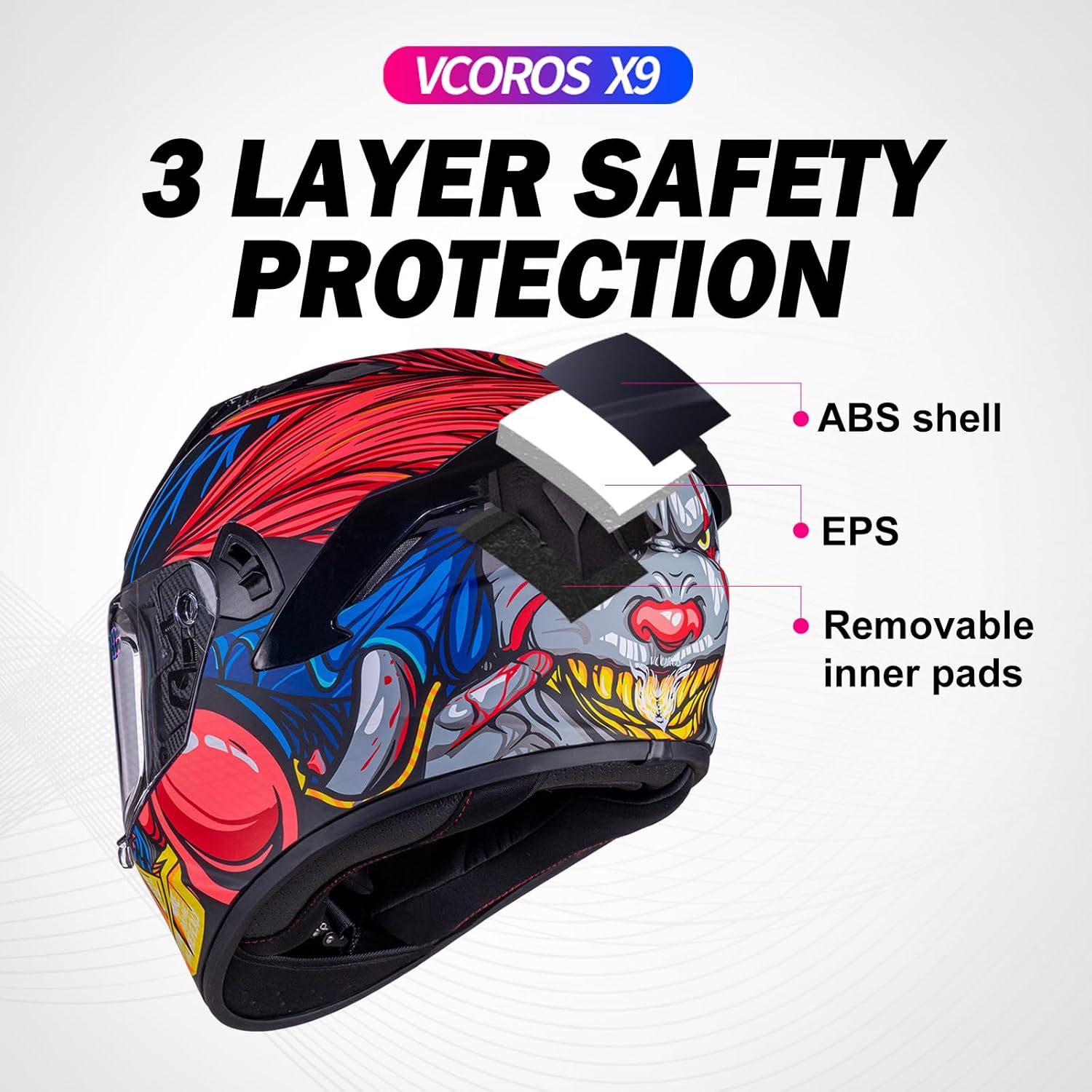 VCOROS Casco de motocicleta de cara completa X9 con visera interior y bolsillos para altavoces listos para Bluetooth, aprobado por DOT, casco de