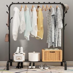 Perchero de metal para ropa, antideslizante, resistente con estante inferior para colgar ropa, abrigos, faldas, camisas, suéteres, color negro Perchero de metal para ropa, antideslizante, resistente con estante inferior para colgar ropa, abrigos, faldas, camisas, suéteres, color negro