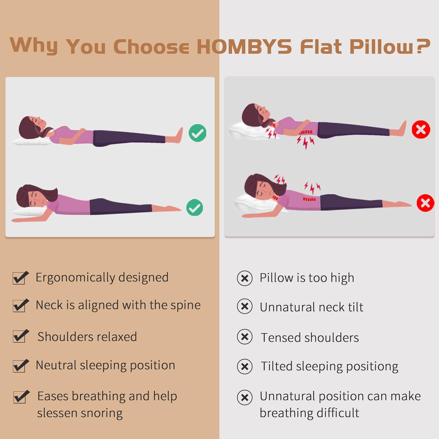 HOMBYS Almohadas de cama ultra finas para dormir boca abajo y espalda, almohada plana tamaño estándar, perfil extra bajo para alineación cervical