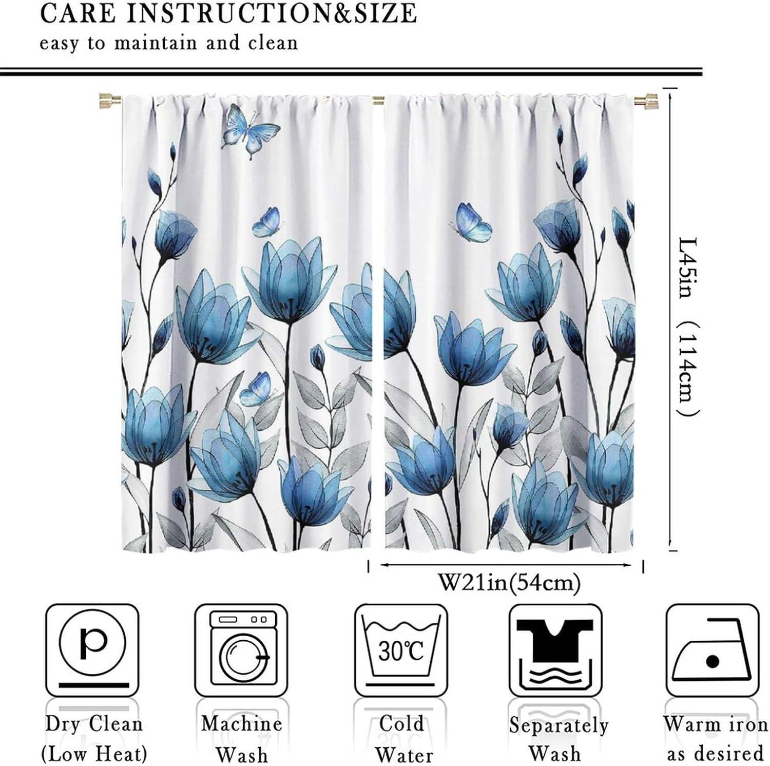 Cortinas de flores azules con tulipanes florales para mujer, plantas botánicas de mariposa, elegantes y pequeñas, para sala de estar, tela de