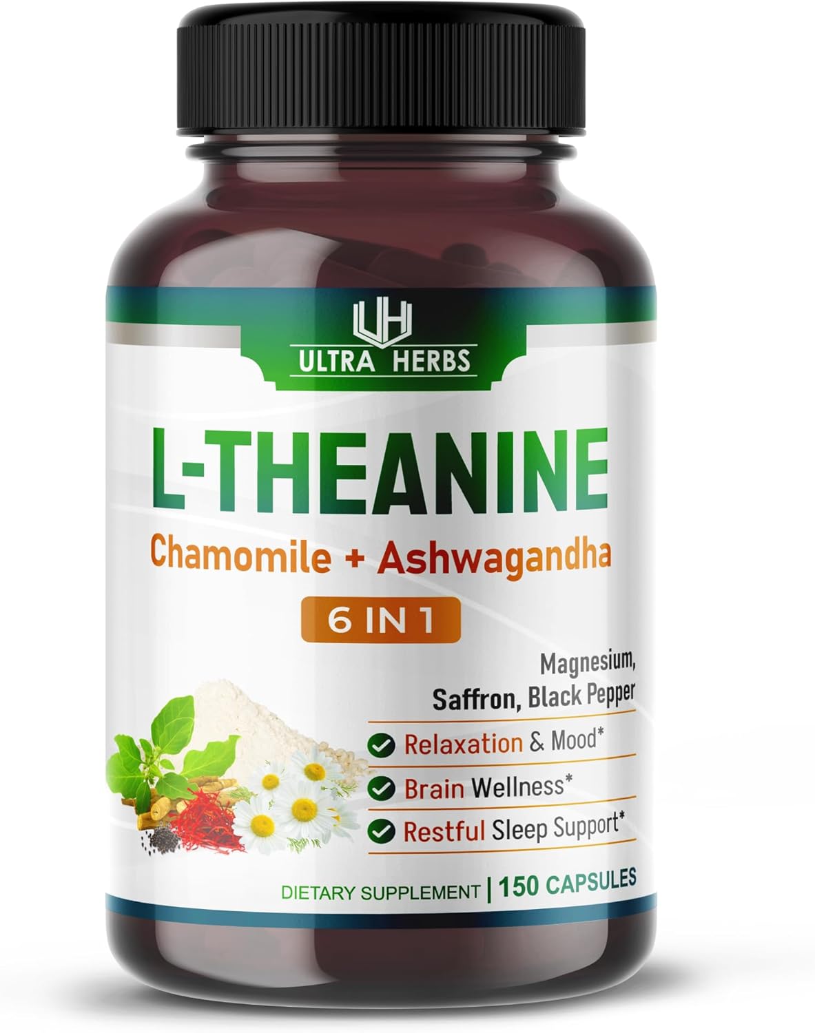 L-Teanina 6 en 1 – 10,680 mg con Manzanilla, Ashwagandha, Azafrán, Magnesio – Apoyo Relajación, Sueño (suministro para 150 días (paquete de 1))