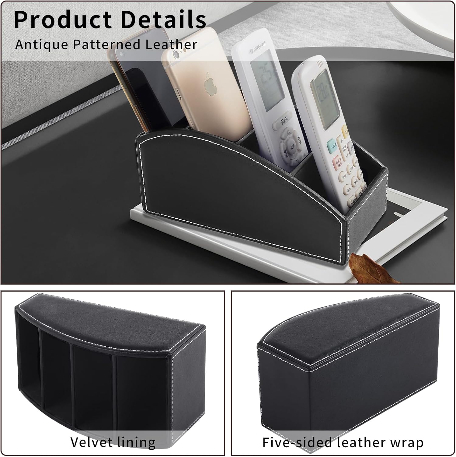 Soporte para control remoto de TV con 4 compartimentos, organizador de cuero sintético para mesita de noche, decoración de medios, control remoto,
