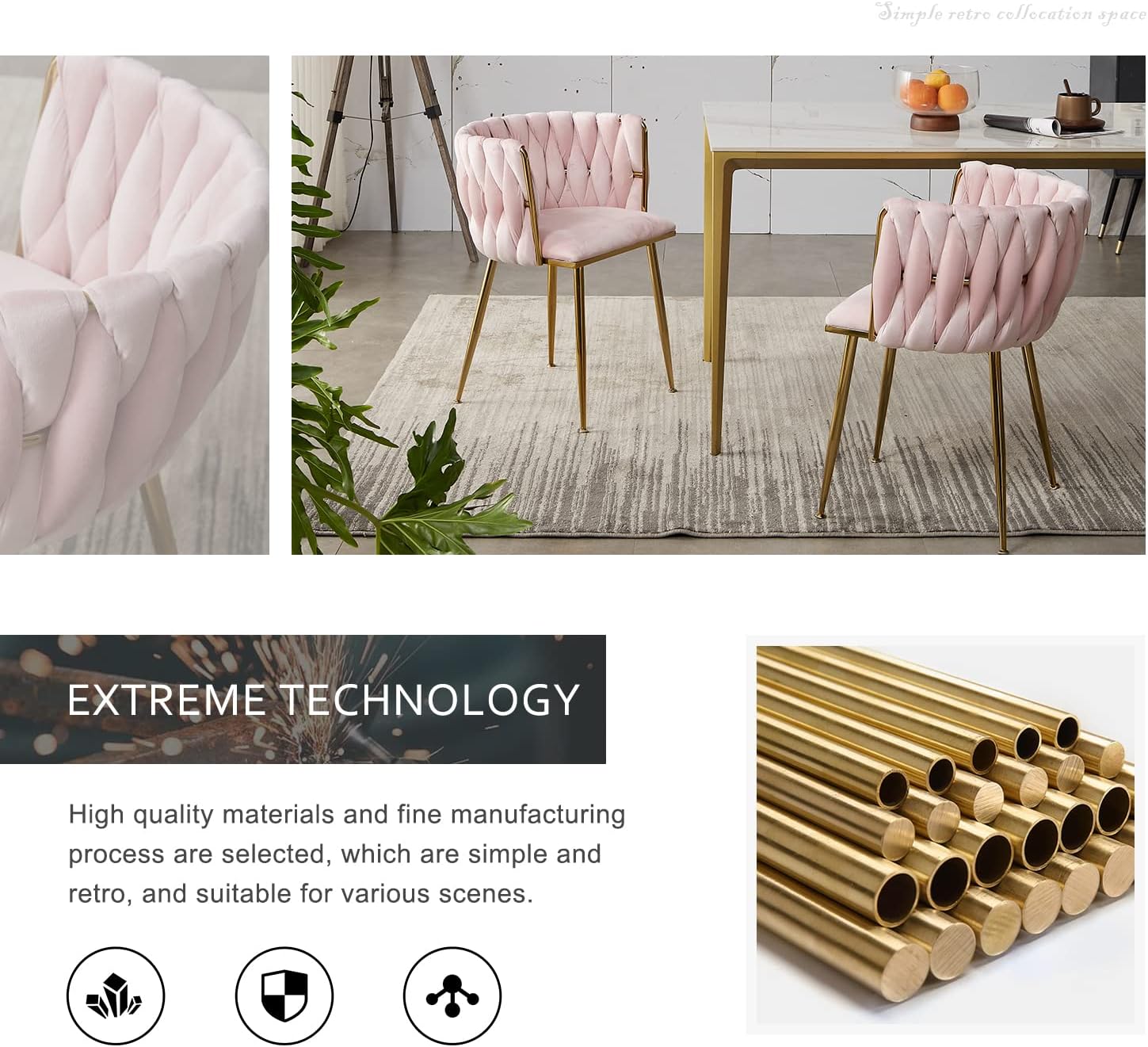 Tsuysi Juego de 4 sillas de comedor de terciopelo, sillas de comedor modernas doradas con patas de metal, sillas de comedor tapizadas tejidas para