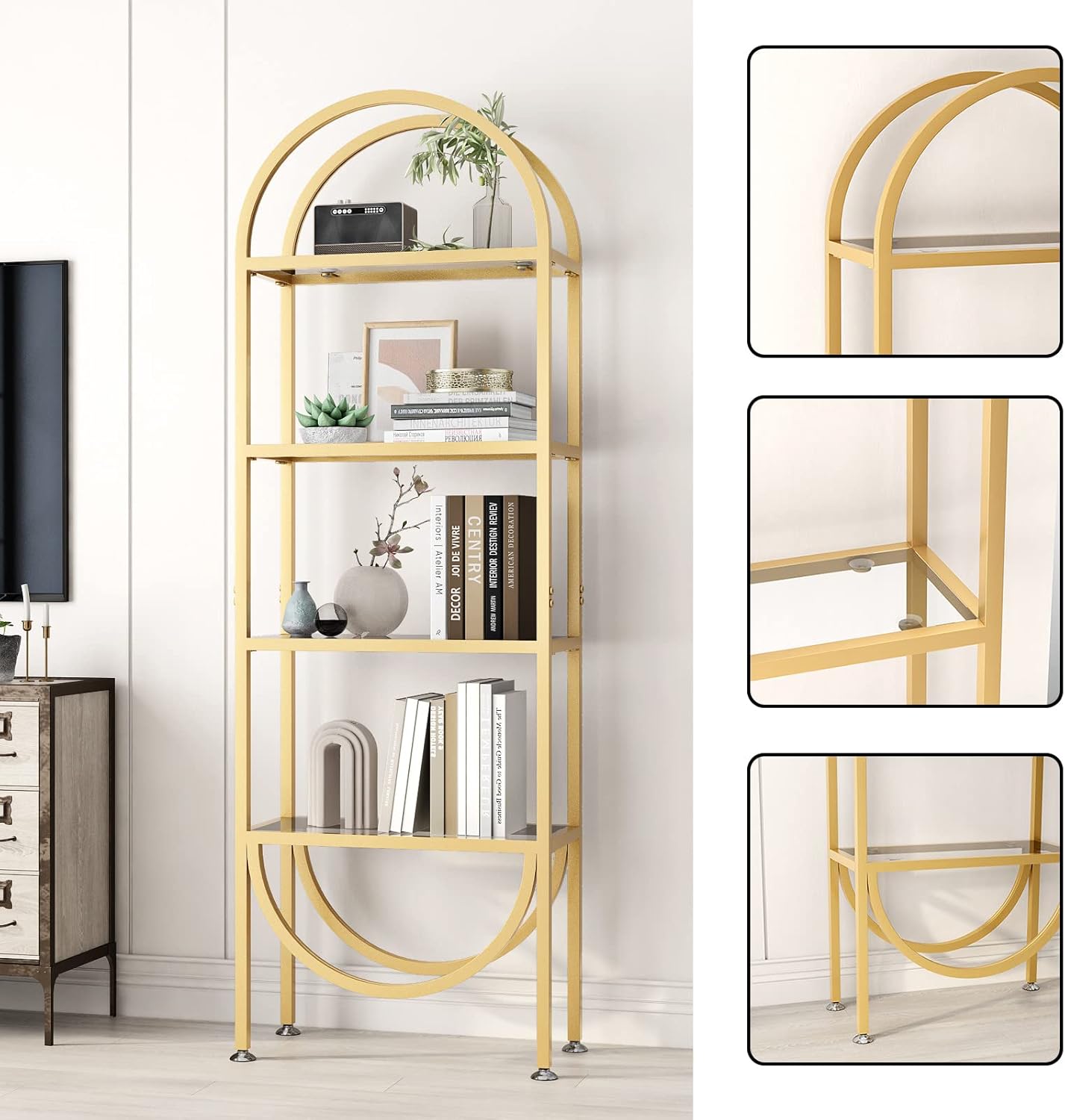 Freestanding Gold Bookshelves with Glass Shelves Storage, Modern Gold Bookcase with 4 Tier Glass Shelves, Gold Storage Organizer for Office, Living