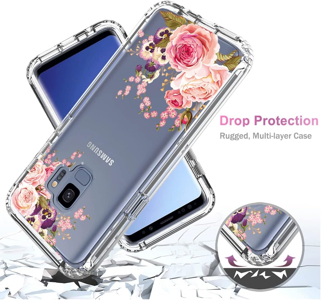 Funda para Galaxy S9, SM-G960U con protector de pantalla de vidrio templado, cuerpo completo, transparente, flexible, con diseño floral, funda para