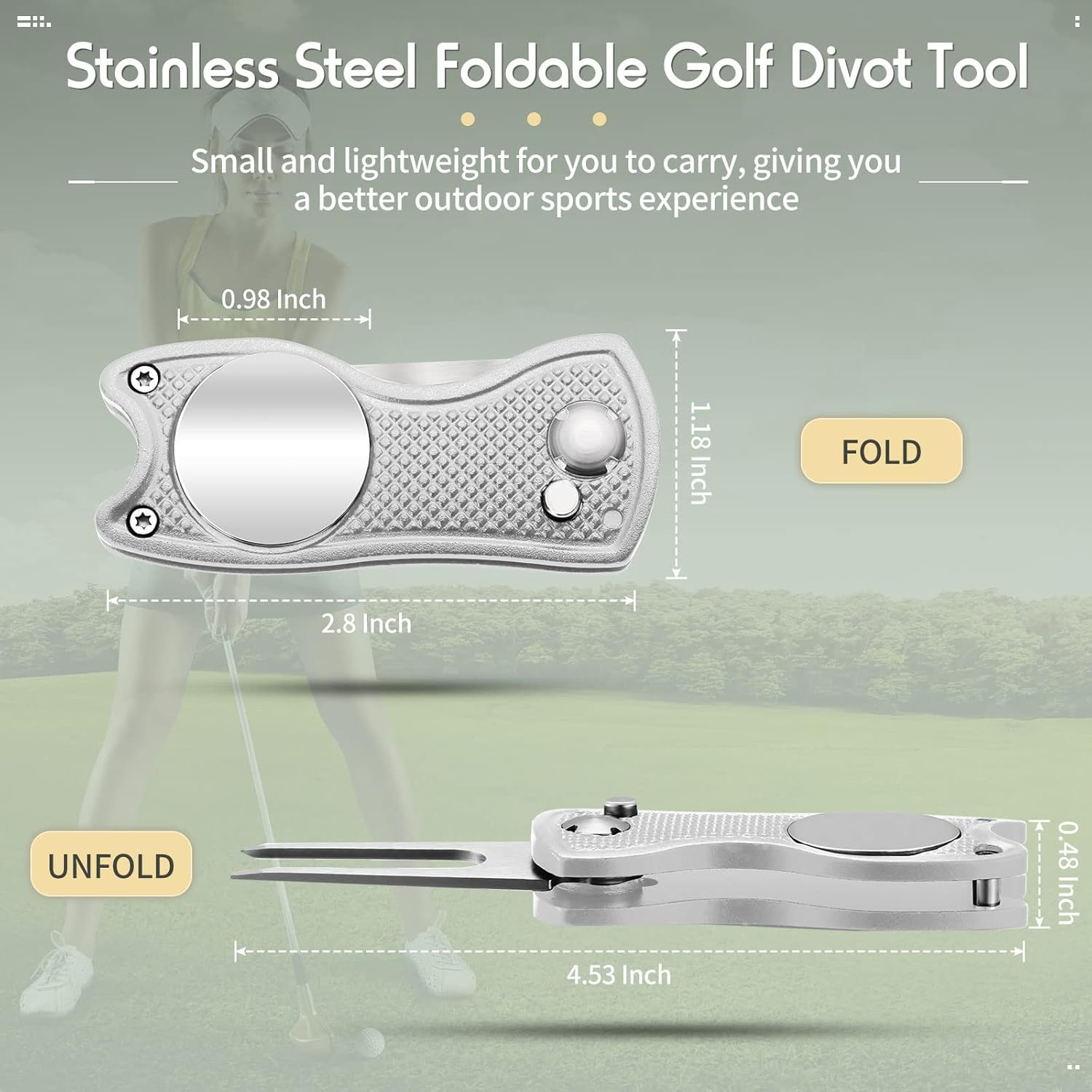 Herramienta de reparación de golf de acero inoxidable plegable de golf Divot, herramienta magnética de botón emergente de golf, marcador de pelota