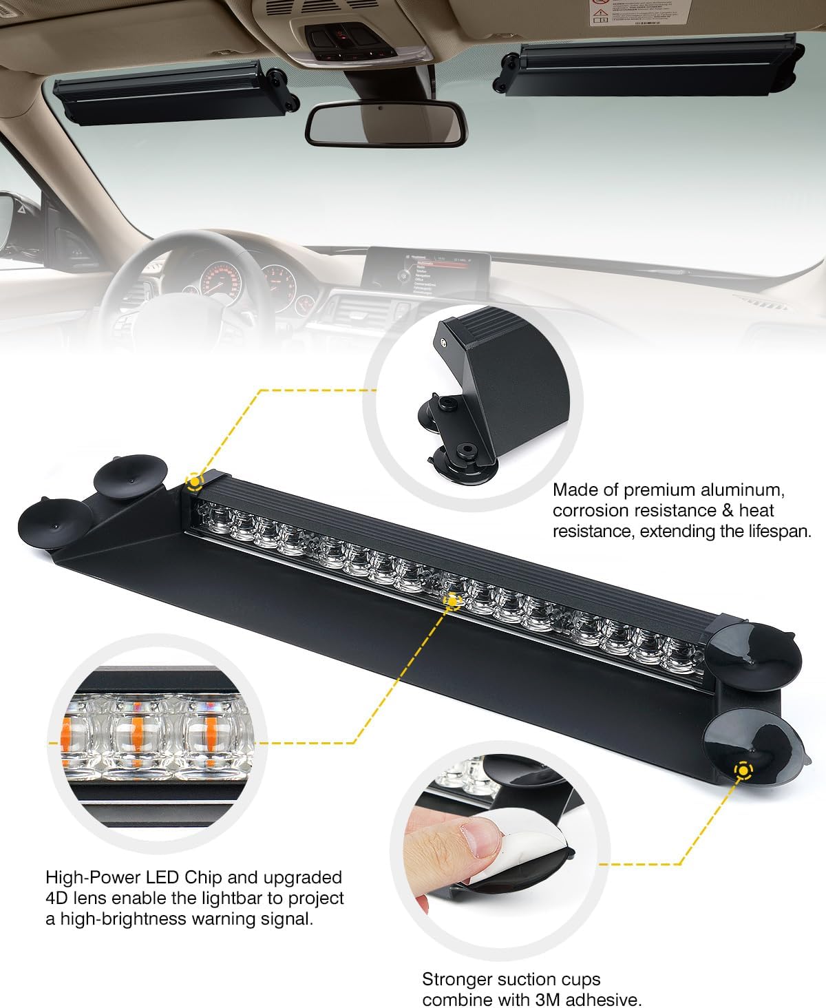LUMENIX Luces estroboscópicas LED ámbar de emergencia con controlador de alta intensidad para parabrisas de advertencia de seguridad de tráfico,