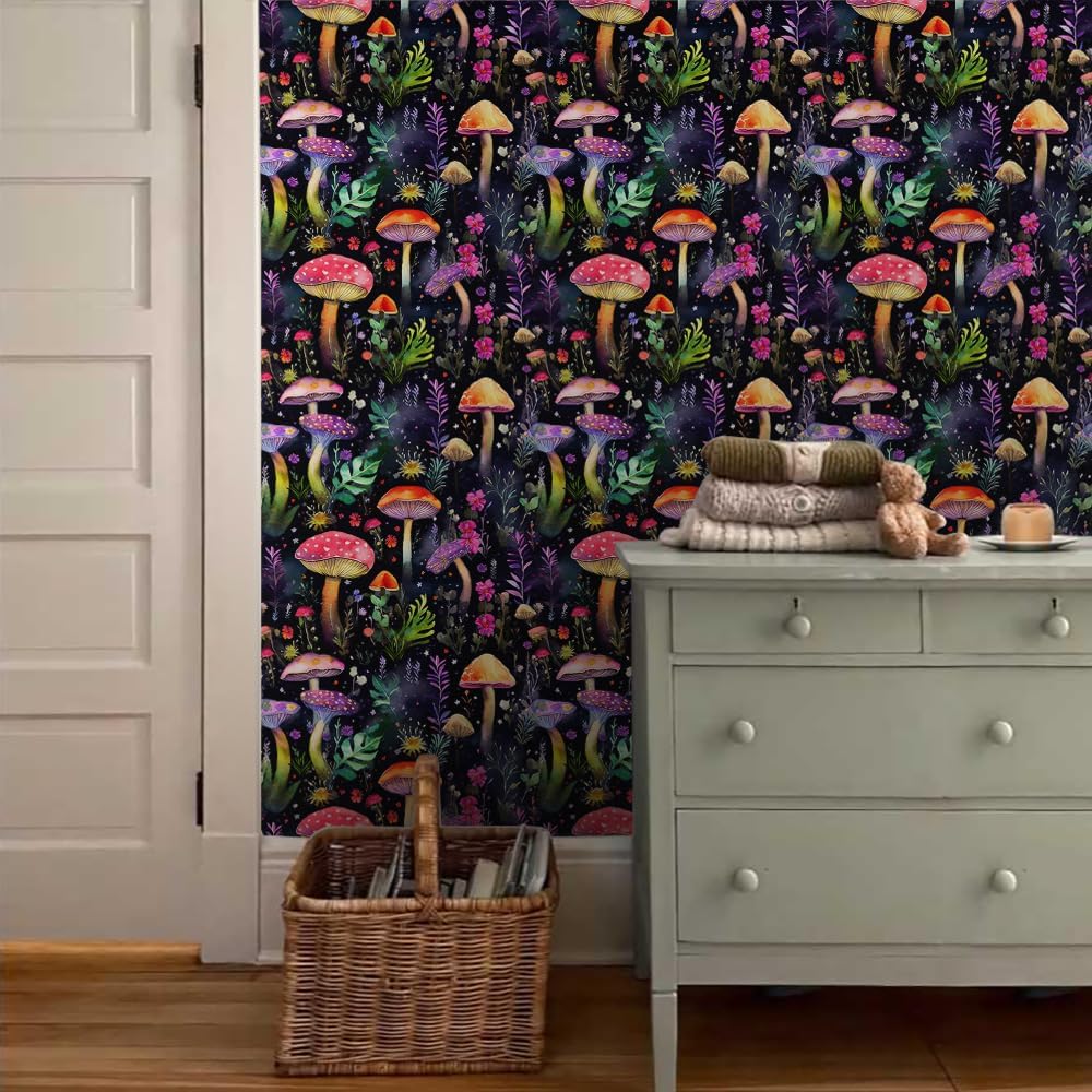 VistaPalette Papel tapiz autoadhesivo autoadhesivo de 18 x 236 pulgadas, diseño de bosque de hongos coloridos y mágicos oscuros, papel de contacto