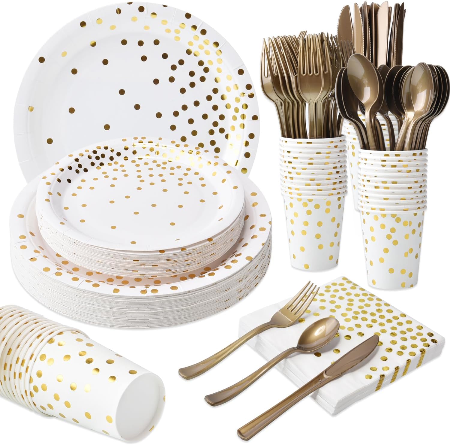 Suministros de fiesta blancos y dorados, juego de vajilla desechable de 168 piezas para 25, platos de papel blanco, servilletas, vasos, tenedores de