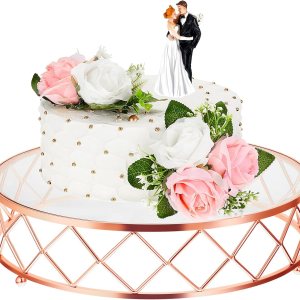 Nuanchu Soporte redondo de metal geométrico de 14 pulgadas para tartas de boda, soporte metálico brillante para tartas con parte superior de vidrio Nuanchu Soporte redondo de metal geométrico de 14 pulgadas para tartas de boda, soporte metálico brillante para tartas con parte superior de vidrio