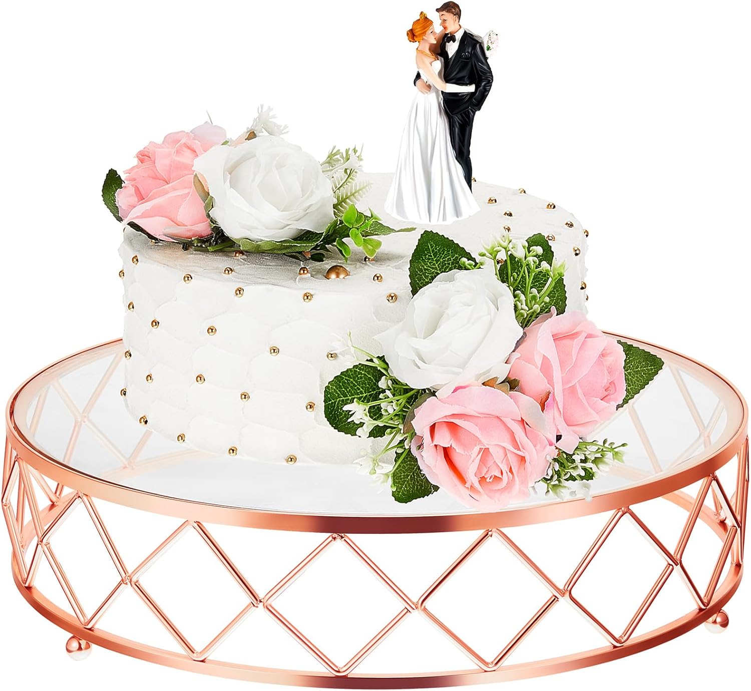 Nuanchu Soporte redondo de metal geométrico de 14 pulgadas para tartas de boda, soporte metálico brillante para tartas con parte superior de vidrio