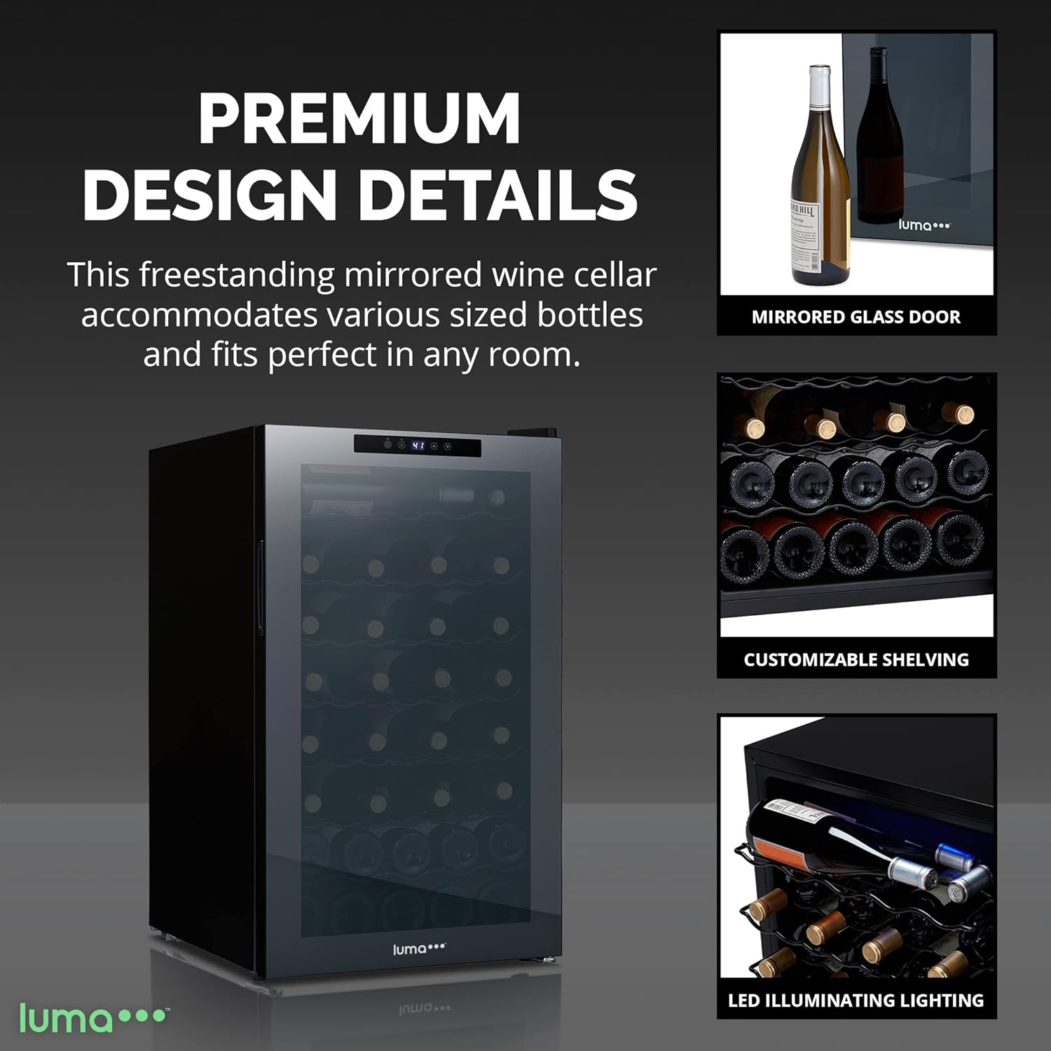 Shadow Series – Refrigerador de vino de 51 botellas, refrigerador de vino con espejo independiente con puerta de vidrio templado de doble capa y