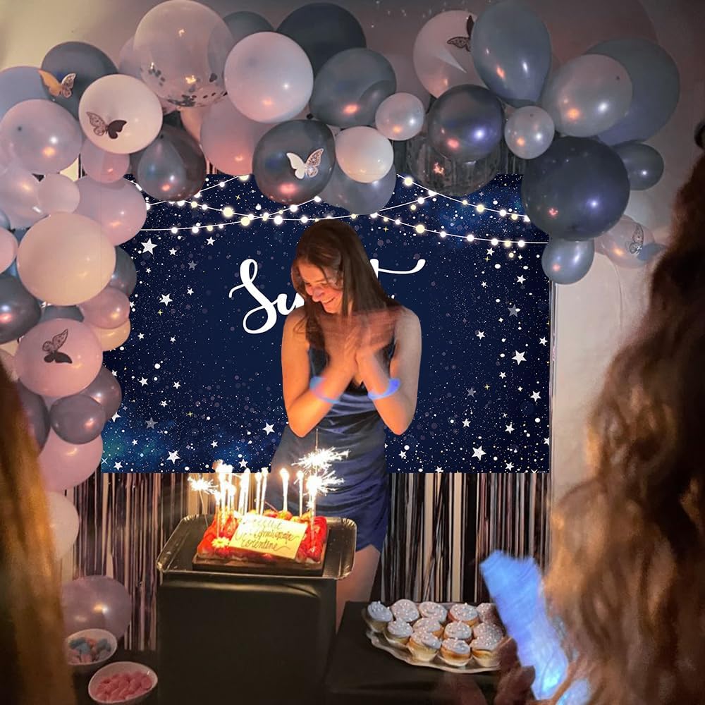 Telón de fondo de noche estrellada dulce 16, estrellas blancas, cielo nocturno, decoración de fiesta de cumpleaños número 16, fondo de galaxia,