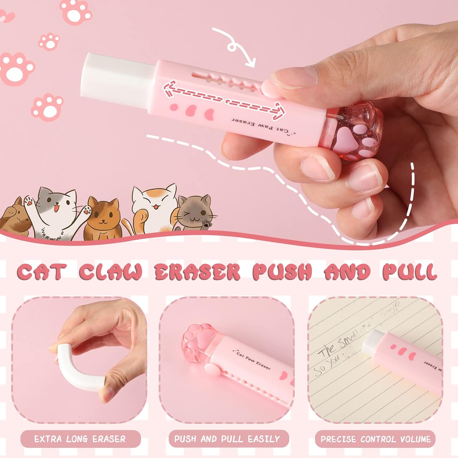 4 piezas de material escolar Kawaii de pata de gato, lindo sacapuntas de pata de gato y borrador retráctil en forma de pata de gato, sacapuntas