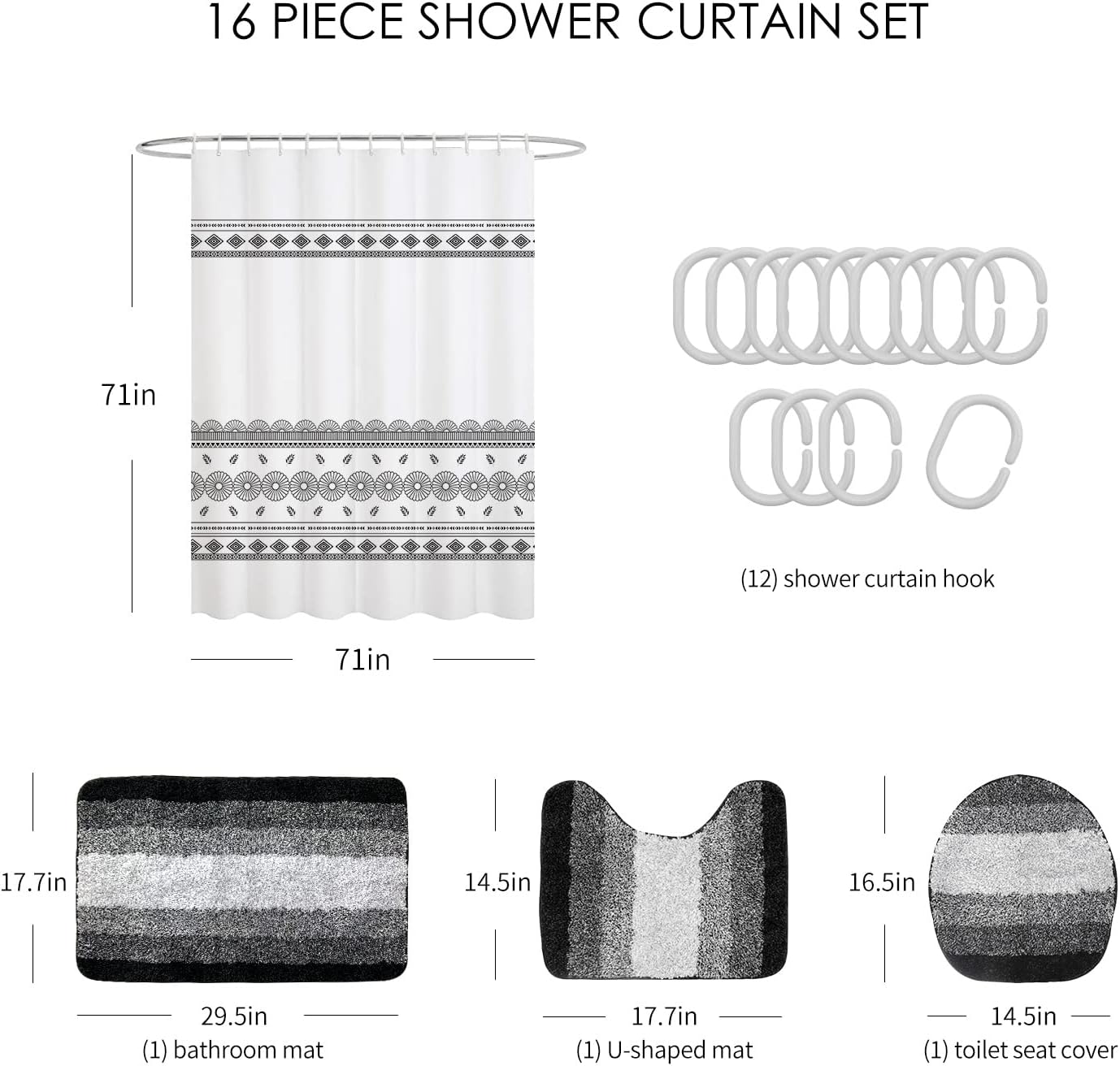 MDEAIEBI Juego de 4 cortinas de ducha de baño, juegos de baño con cortina de ducha y alfombras, cubierta de tapa de inodoro y tapete de baño,