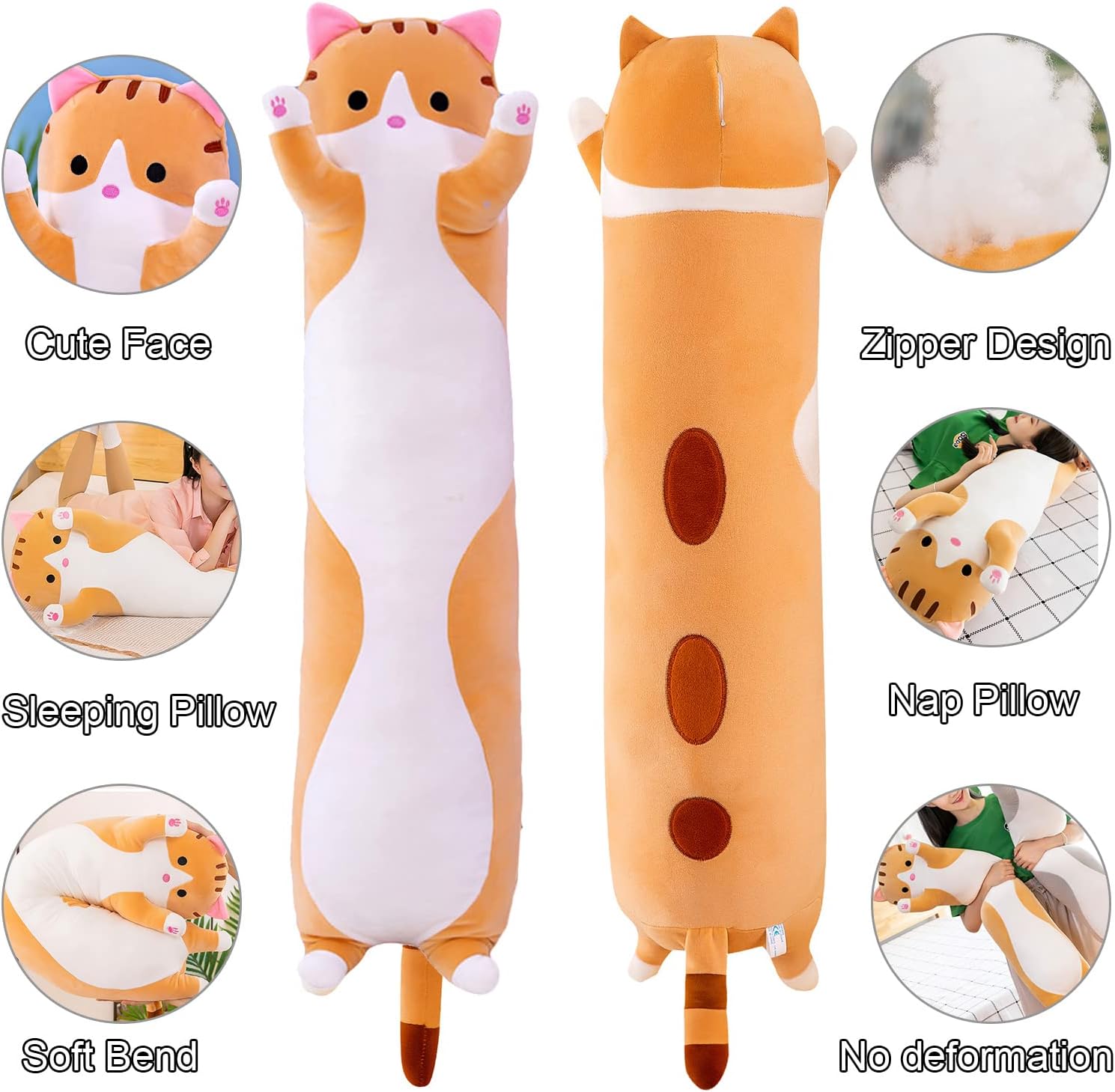 Almohada gigante de gatos de peluche con dibujos animados y gatitos, almohada para dormir, suave y larga para el cuerpo, muñeca y gato, cojín para