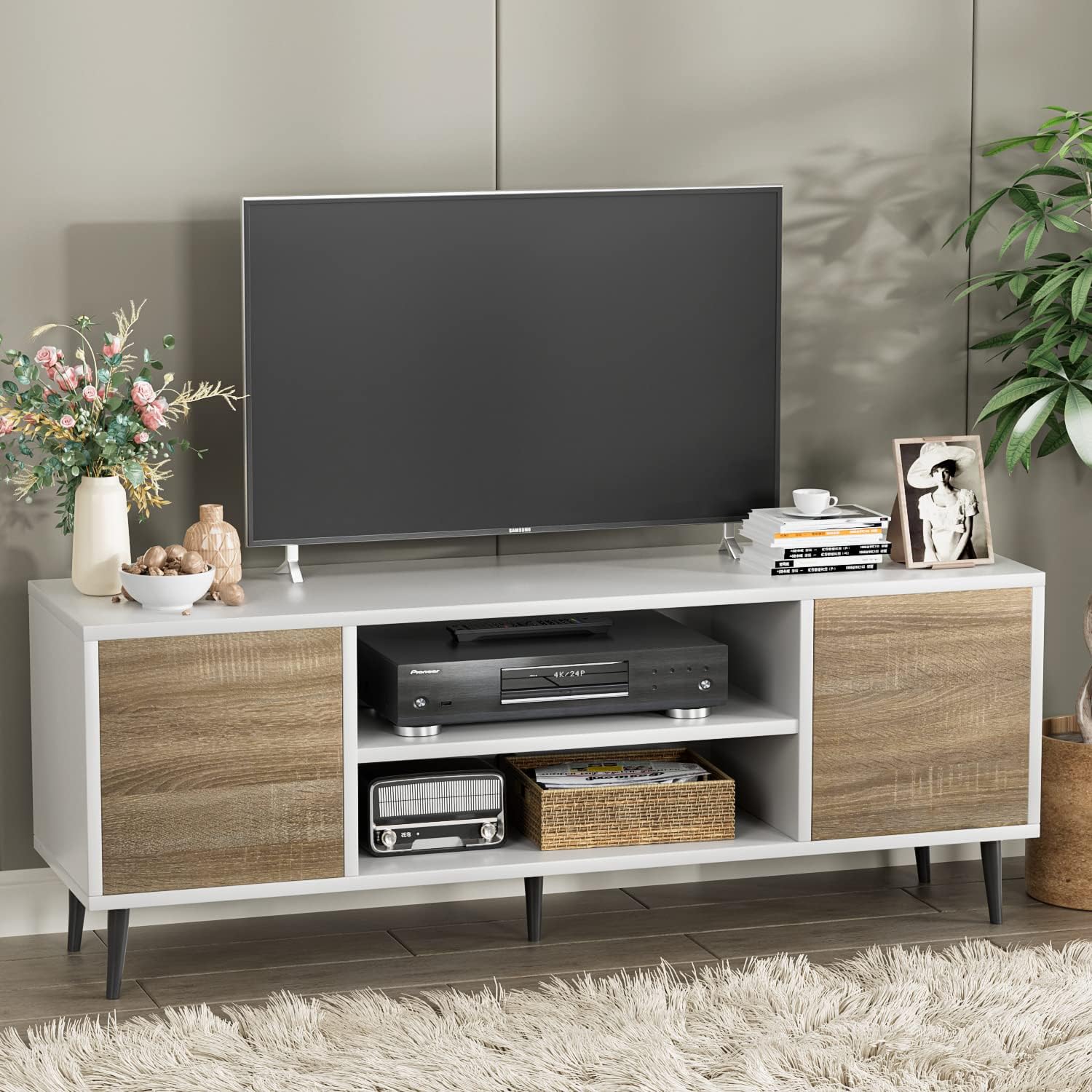 YESHOMY Moderno soporte de TV para televisión de 65 pulgadas, centro de entretenimiento con dos gabinetes de almacenamiento, consola multimedia de