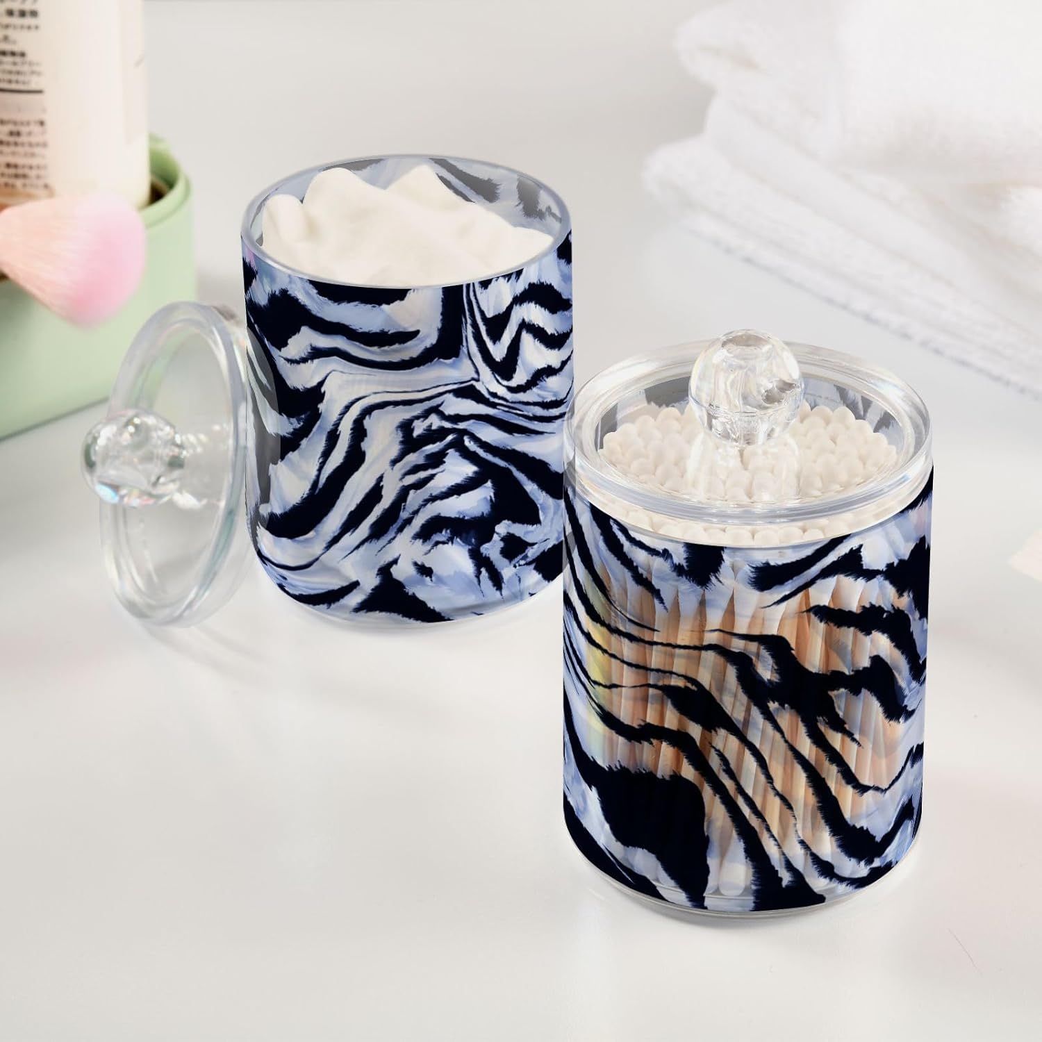 ALAZA Paquete de 2 dispensadores de soporte Qtip para bolas de algodón, diseño de cebra negro-azul, almohadillas redondas de algodón, juego de