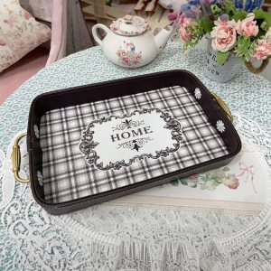 Elegante bandeja de cuero con asas, bandeja decorativa a cuadros en blanco y negro para desayuno, almuerzo, cena, aperitivos, patio, otomana, mesa Elegante bandeja de cuero con asas, bandeja decorativa a cuadros en blanco y negro para desayuno, almuerzo, cena, aperitivos, patio, otomana, mesa