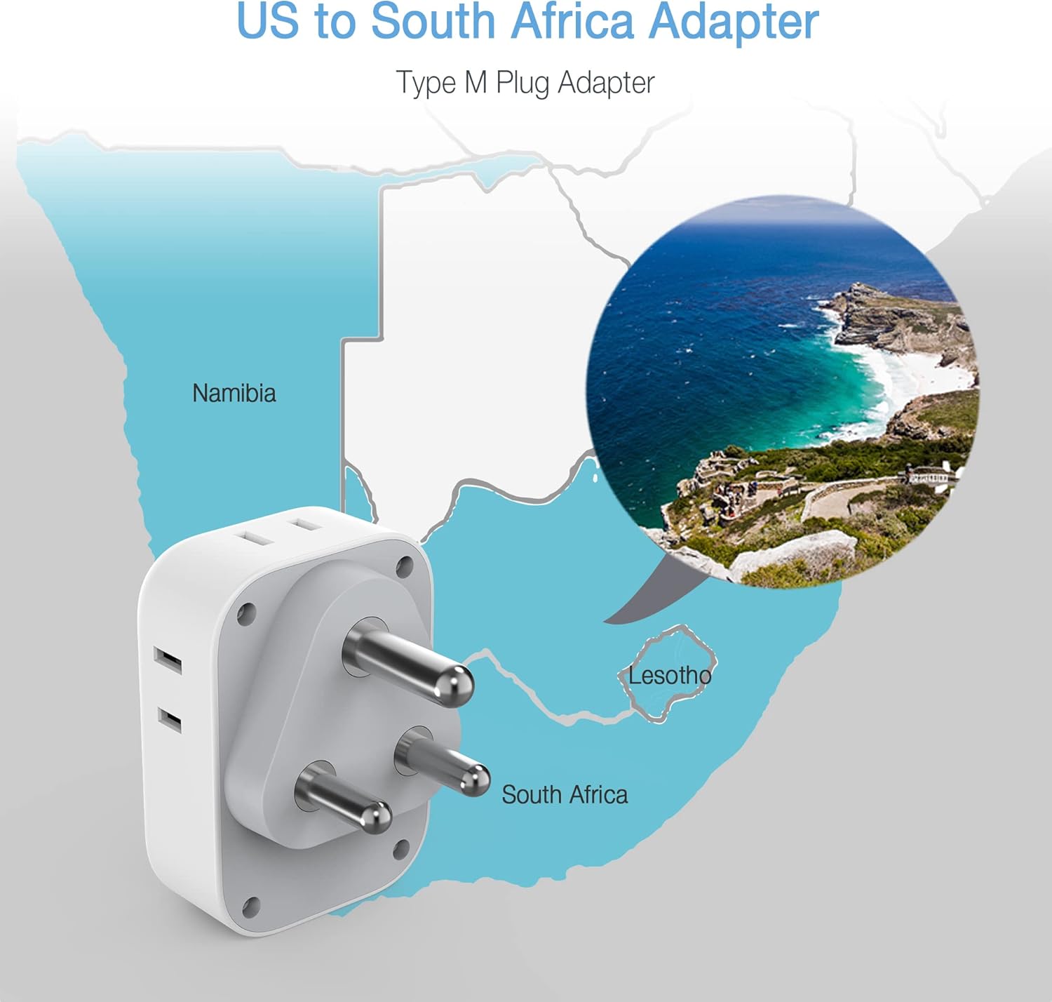 TESSAN Adaptador de corriente para Sudáfrica, adaptador de enchufe de viaje tipo M con 4 salidas de CA y 3 puertos USB para EE. UU. a Sudáfrica