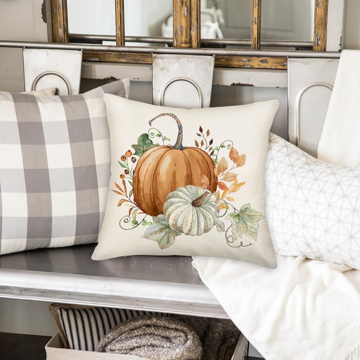 Juego de 2 fundas de almohada de otoño de 24 x 24 pulgadas, fundas de almohada decorativas de otoño, fundas de almohada de calabaza de algodón y