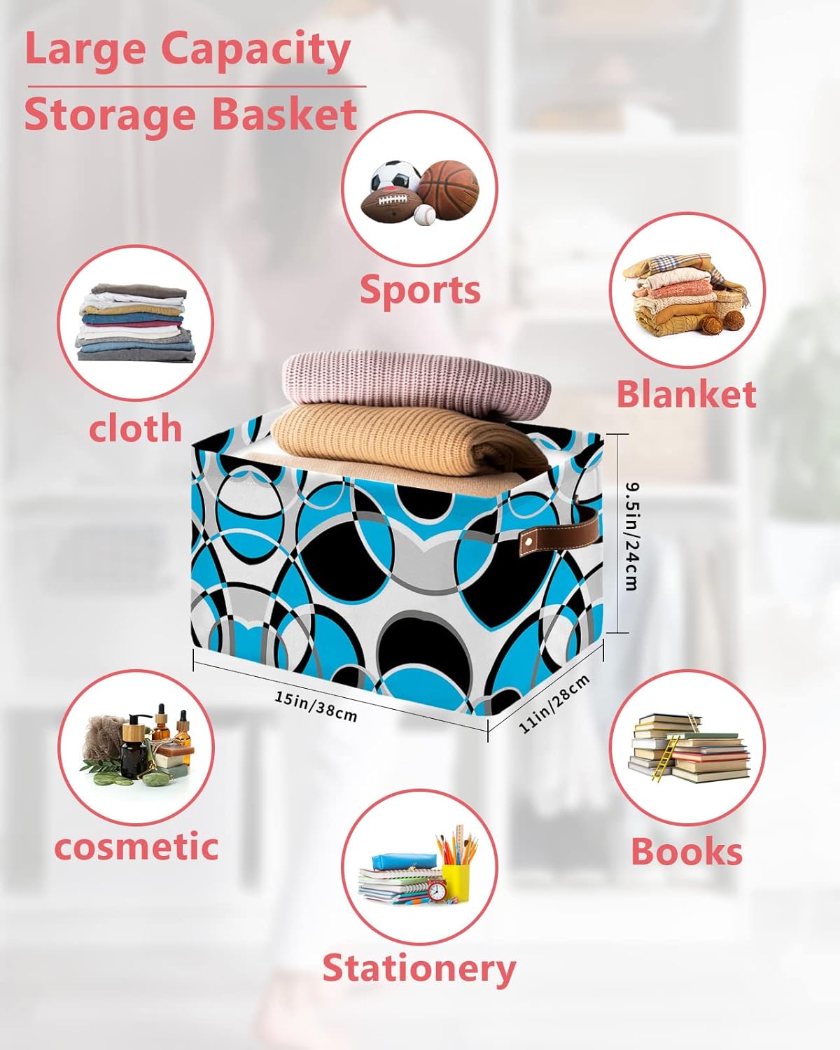 Blue Black Geometric Storage Basket for Organizing Shelves, Collapsible Storage Bins Boxes with Handle, Modern White Abstract Art Canvas Hamper