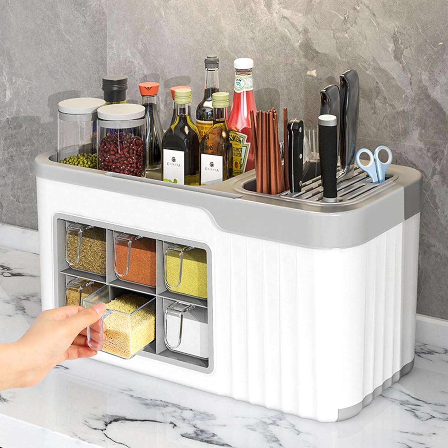 Caja multifuncional para condimentos de cocina, tarro de cepillo de cocina, caja de almacenamiento de cuchara, organizador de cocina 4 en 1 con