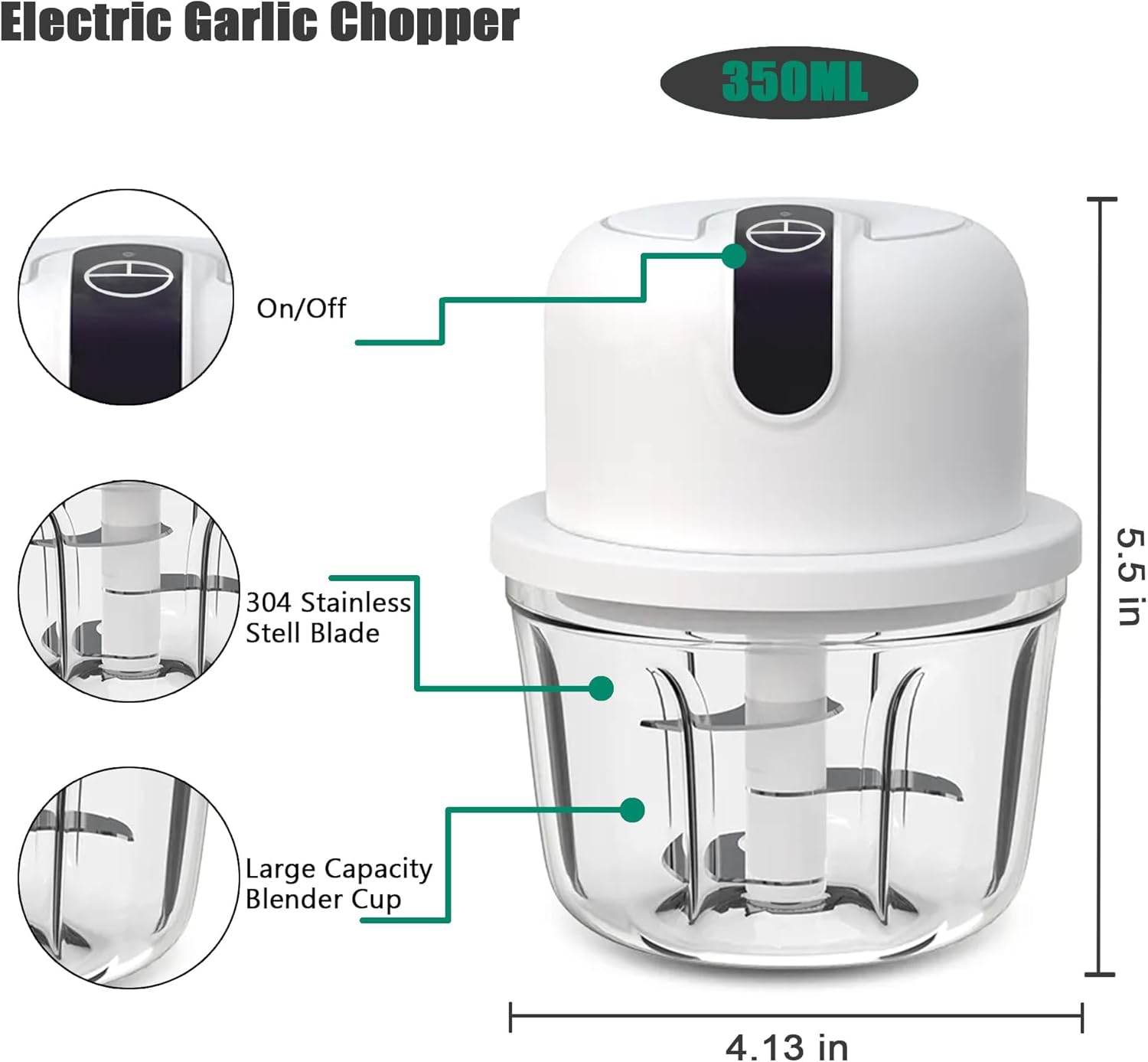 Mini trituradora de ajo eléctrica blanca de 3 tazas, trituradora eléctrica portátil recargable por USB, procesador de cocina pequeño inalámbrico