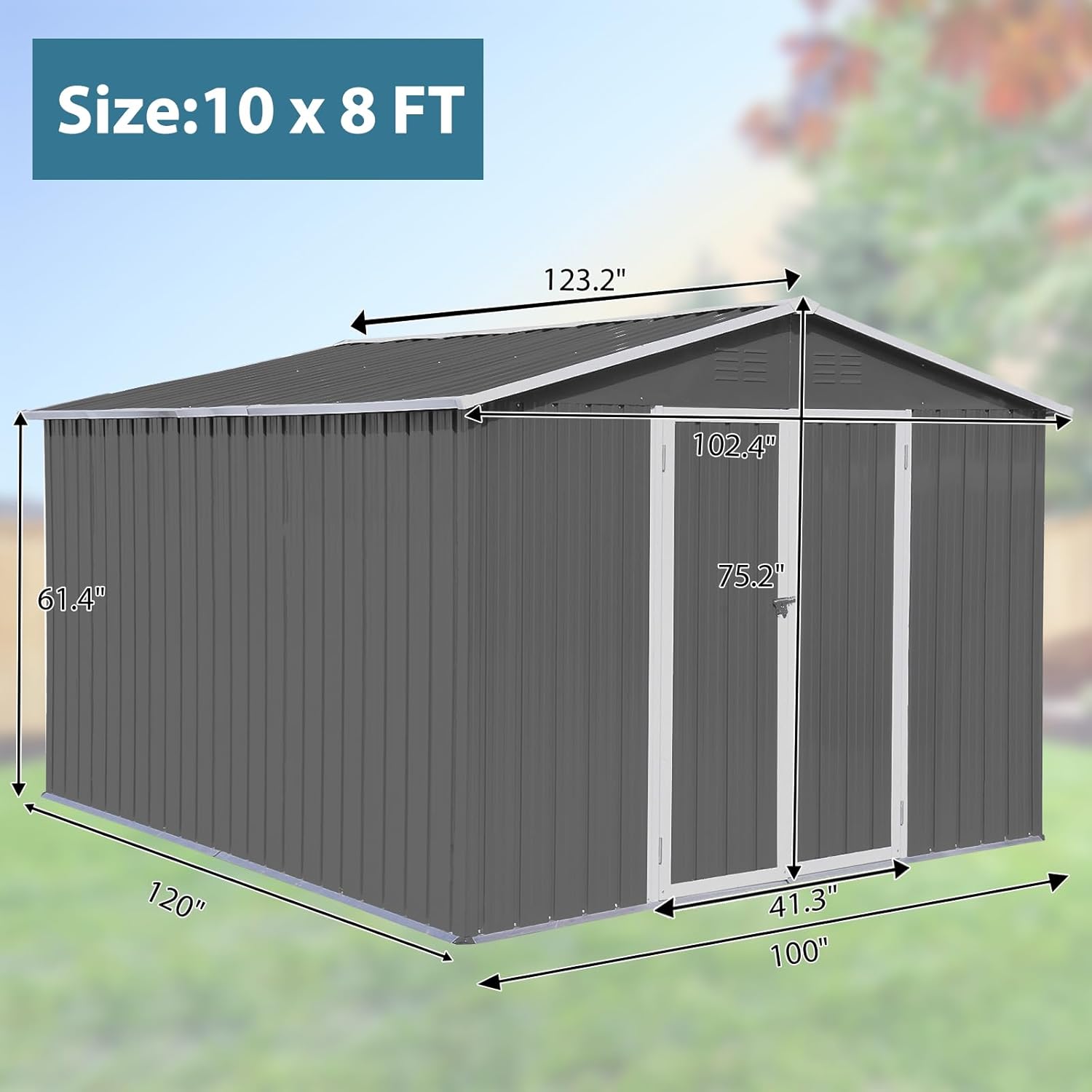 Cobertizo de almacenamiento para exteriores de 10 x 8 pies, cobertizos de metal para todo tipo de clima con base de metal y puertas con cerradura,
