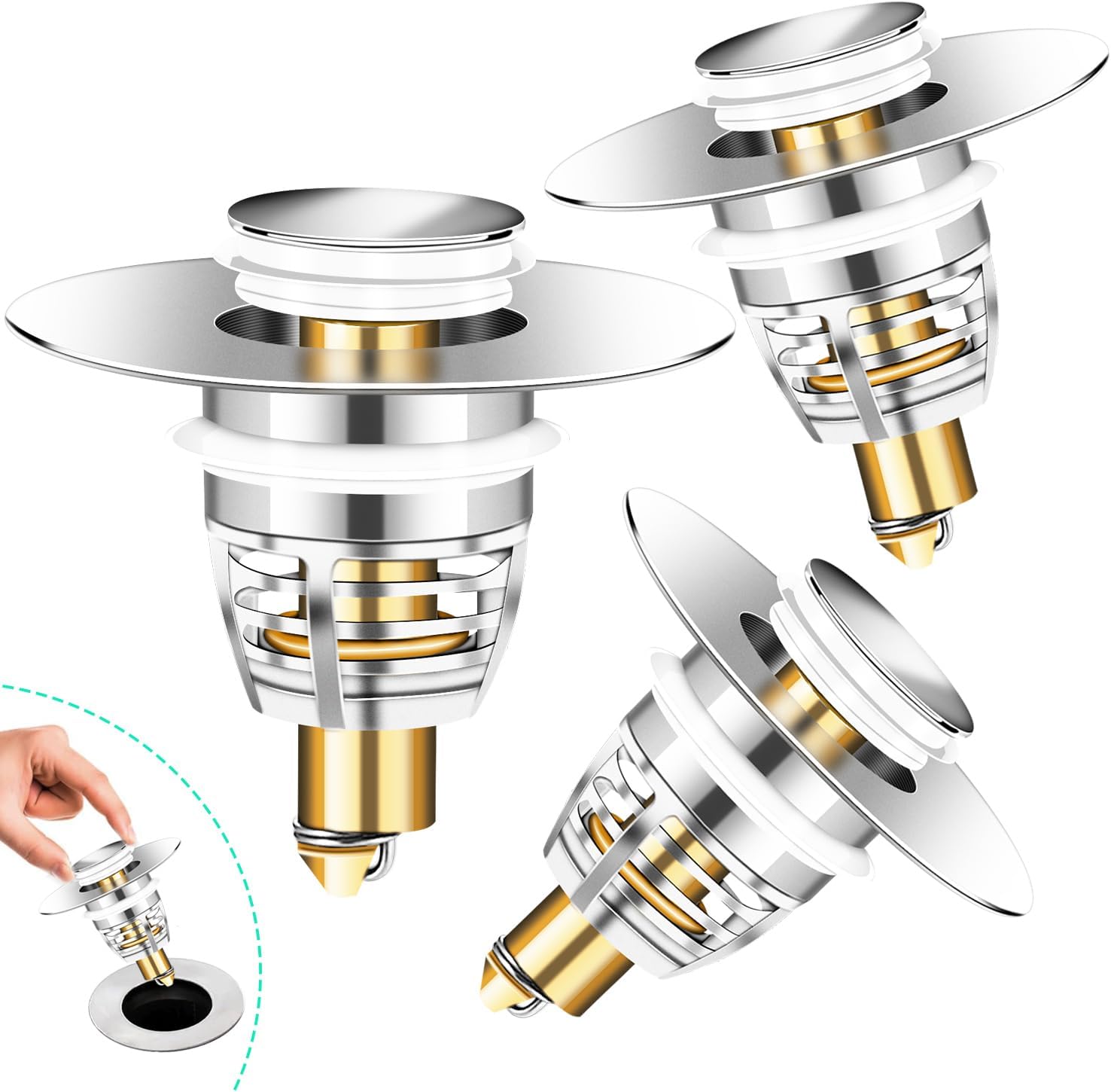 Paquete de 3 tapones universales de metal para fregadero de baño, tapón de drenaje de baño, filtro de drenaje de rebote para lavabo, para 1.06 a