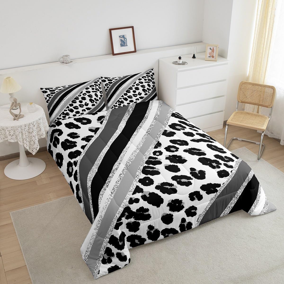 Juego de edredón para niños con estampado de leopardo, tamaño matrimonial, juego de ropa de cama de moda de piel de guepardo abstracto, decoración
