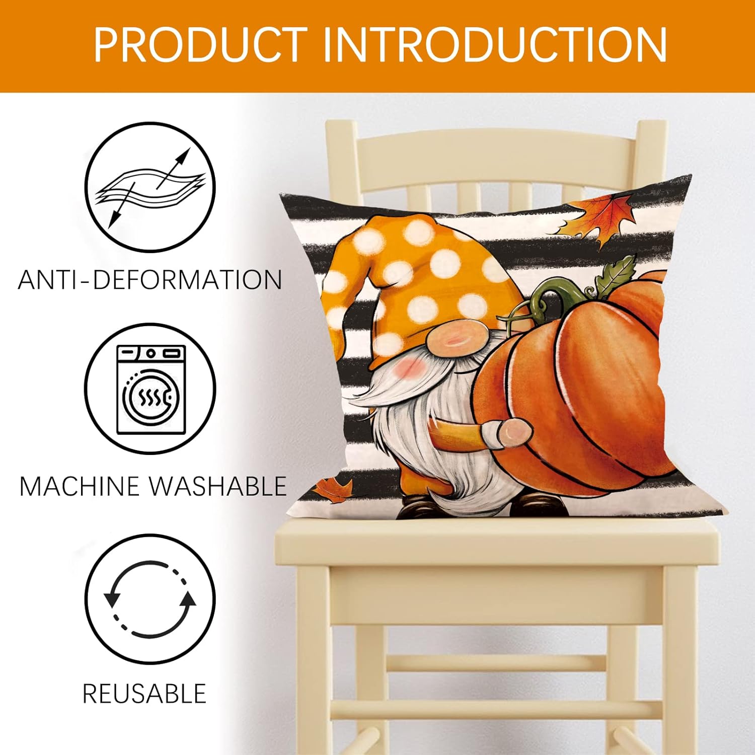 Juego de 4 fundas de almohada decorativas de otoño con diseño de hojas de arce y calabaza de 20 x 20 pulgadas, diseño de gnomo con diseño de rayas