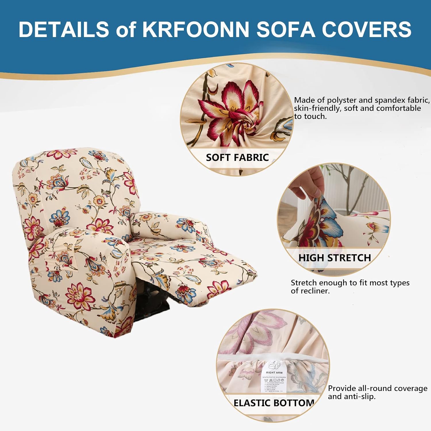 KRFOONN Lazyboy – Fundas elásticas para sofá reclinable de 4 piezas, fundas antideslizantes para sillas reclinables con bolsillos de almacenamiento,