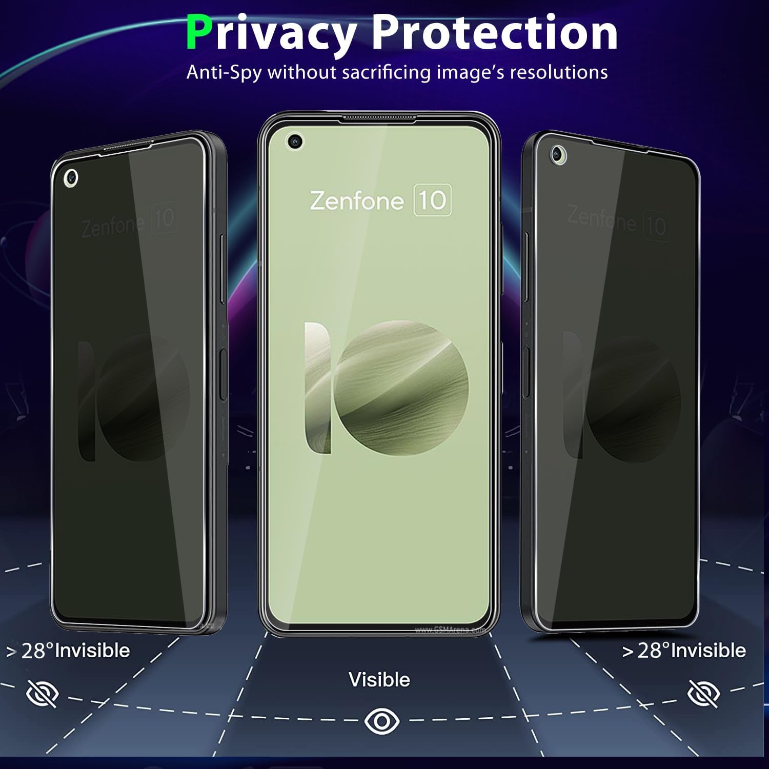 Paquete de 2+2 para Asus Zenfone 10 (2023) Protector de pantalla de vidrio templado de privacidad y protector de lente de cámara, antiespías,