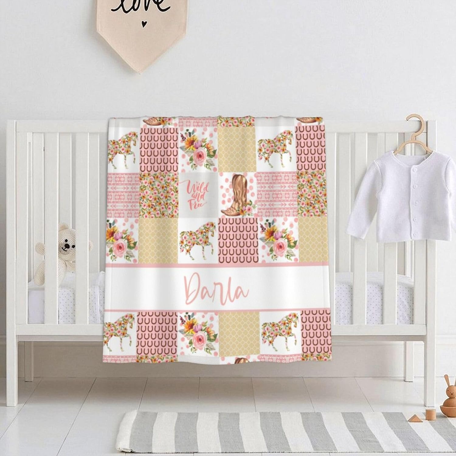 Manta de bebé personalizada para niñas, manta de bebé personalizada con nombre, manta suave personalizada con nombre, manta de caballo floral