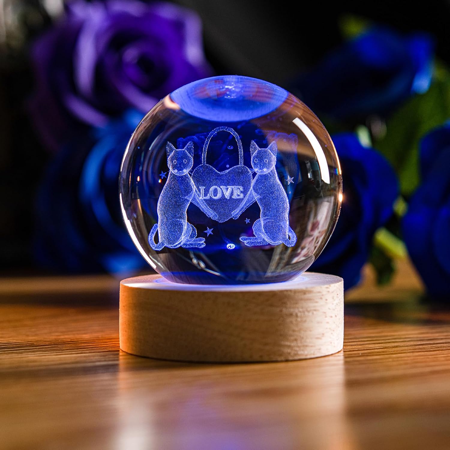 Luz nocturna de bola de cristal para habitación de los niños, bolas decorativas grabadas con láser de gato 3D con base de luz LED, luces nocturnas