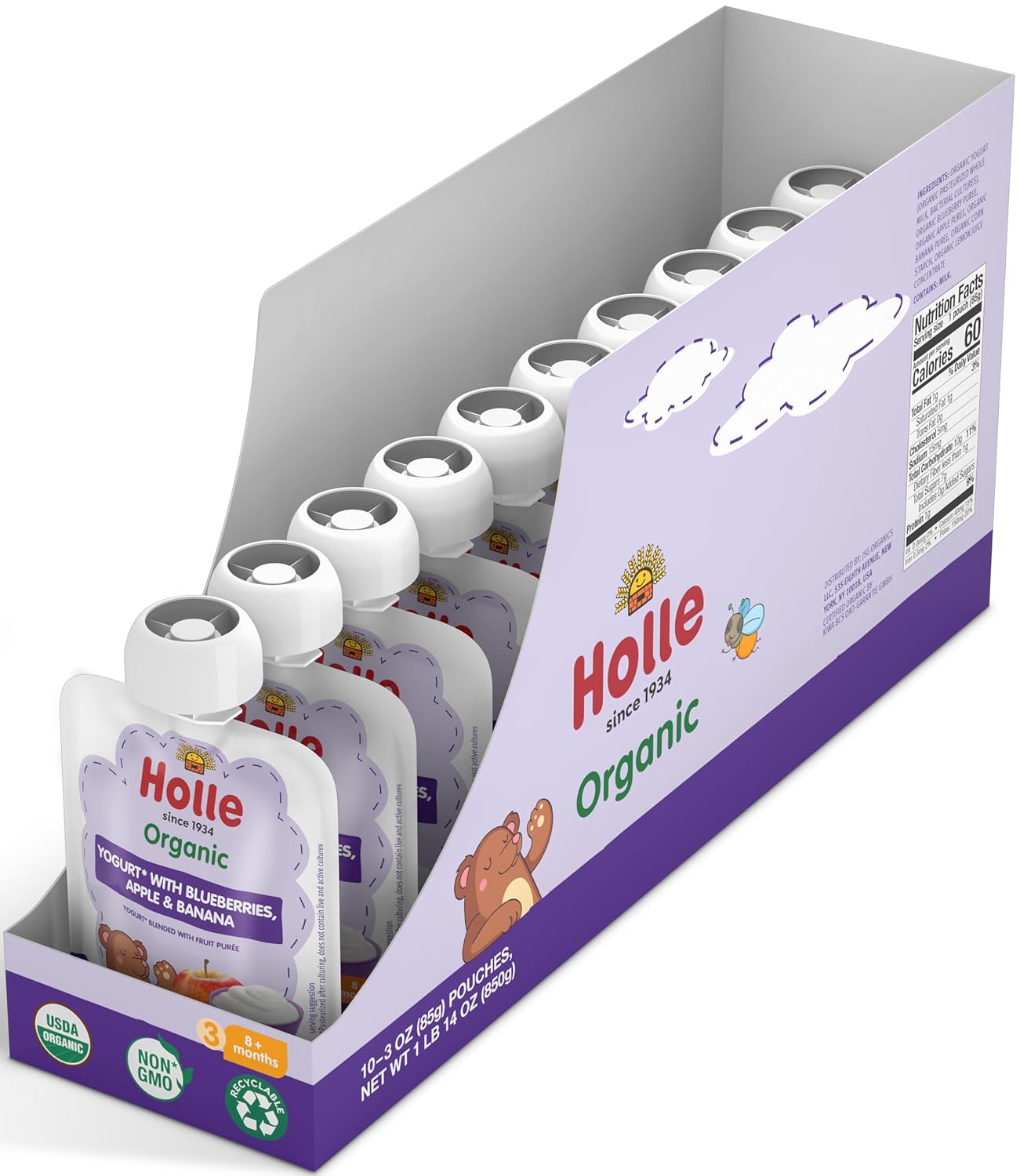 Holle Bolsas de yogur para bebés  Yogur orgánico con puré de manzana, plátano y bayas  Bolsas de yogur bebibles para niños y bebés de 8 meses en
