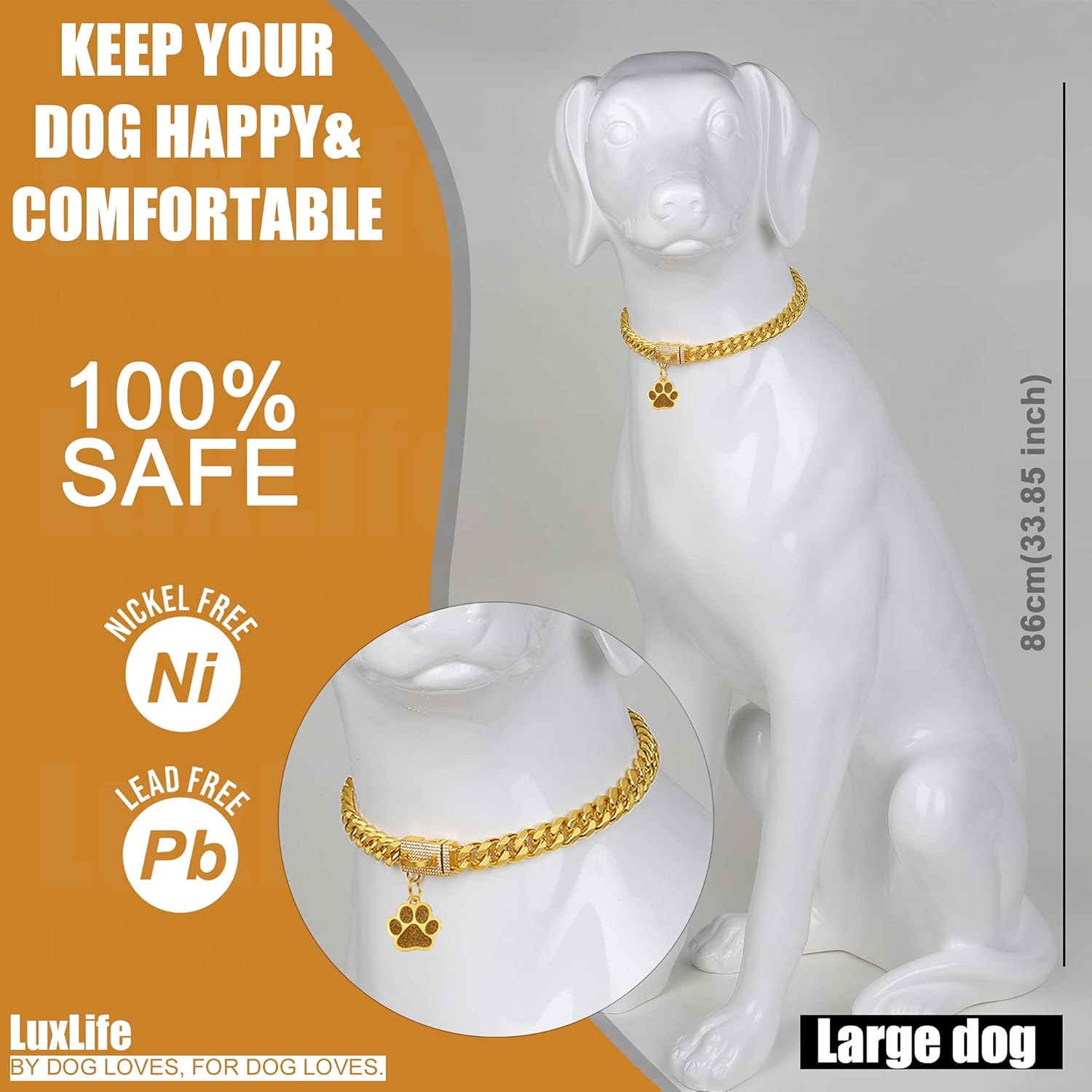 Collar de cadena para perro, collar dorado de 0.394 pulgadas con eslabones cubanos de acero inoxidable con hebilla de diamante de circonita cúbica,