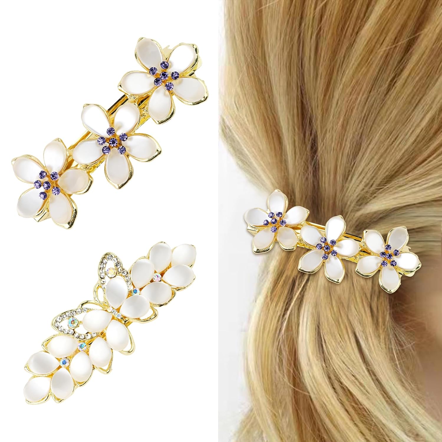 WHAVEL 2 pasadores dorados para el cabello para mujer, pinzas de pelo elegantes con diamantes de imitación, pinzas de flores y mariposas, pinzas
