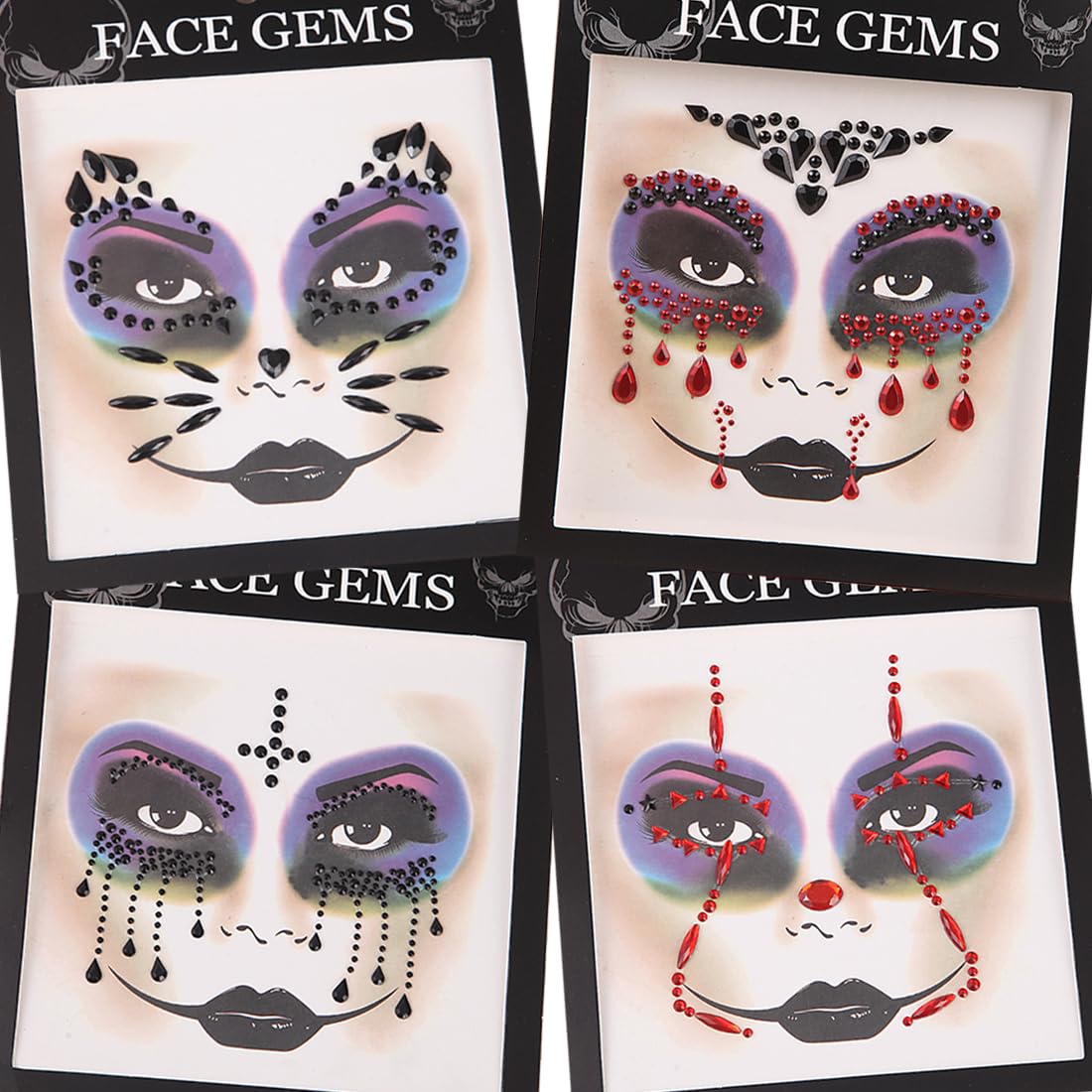 Gemas del Día de los Muertos, joyas de esqueleto para la cara, tatuajes temporales de calavera azucarera para Halloween, cristales de Catrina, joyas