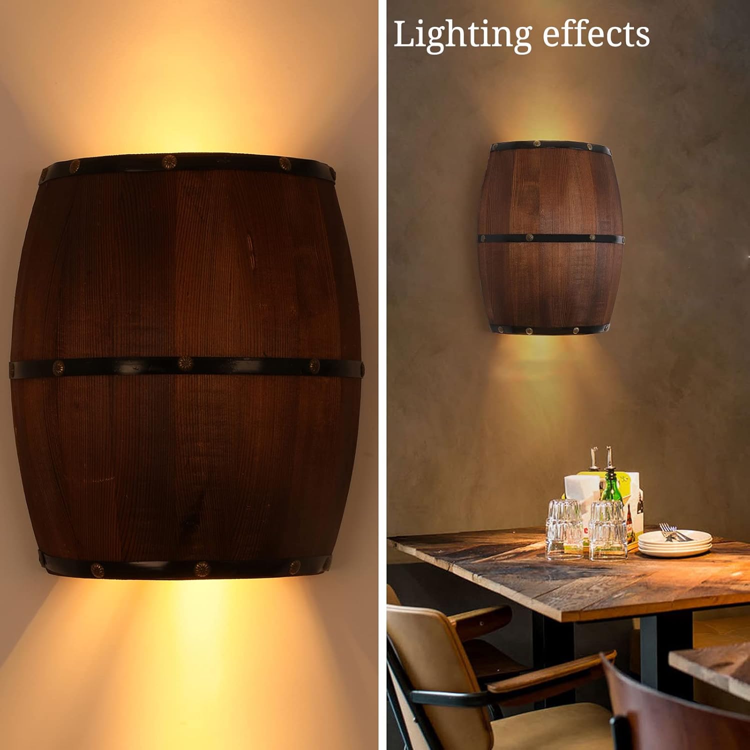 Aplique de pared de barril de vino de madera antigua, accesorio de iluminación de pared rústica para dormitorio, baño, sala de estar