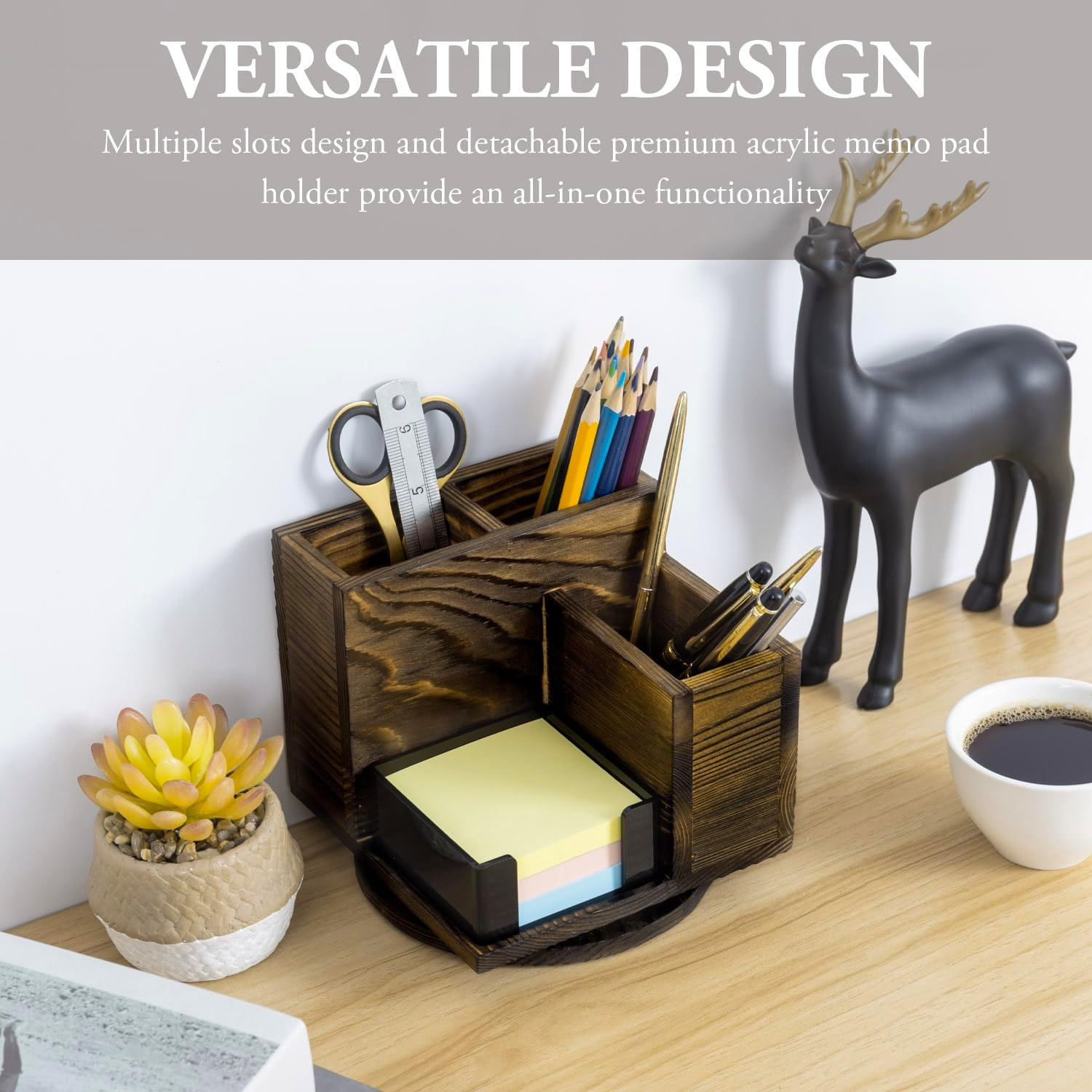 MyGift Organizador moderno de escritorio de oficina de 4 compartimentos en madera maciza quemada rústica con soporte adhesivo acrílico negro y base