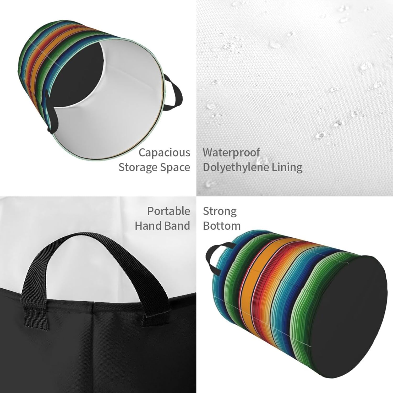 Cesta de lavandería con estampado de sarape mexicano, a rayas, impermeable, plegable, con asa duradera, cesta de almacenamiento circular, bolsa de