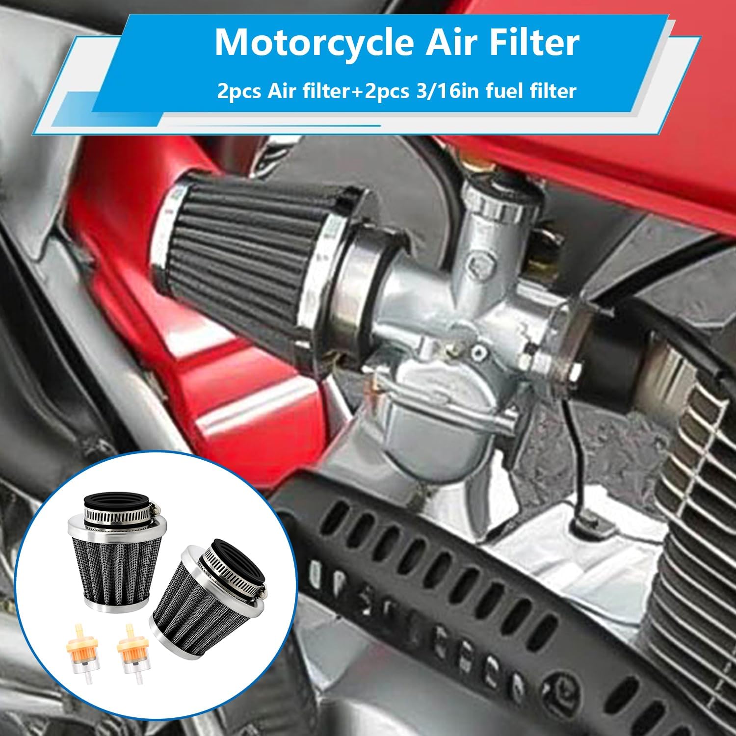 smseace 2 filtros de aire de motocicleta de 1.496 pulgadas con 2 filtros de combustible de 316 pulgadas de repuesto para 70 cc, 100 cc, 110 cc, 125