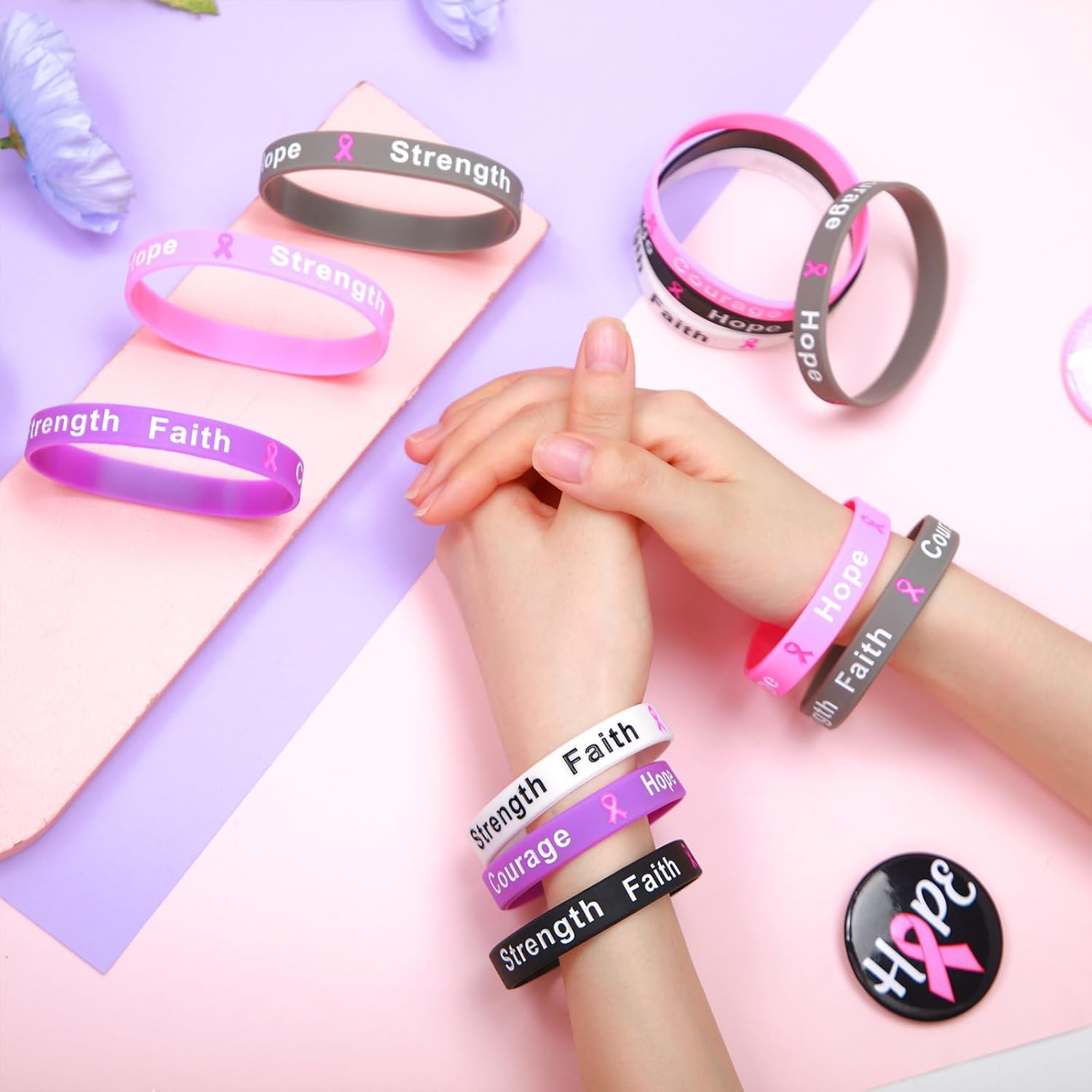 Kigeli 100 pulseras de silicona con cinta rosa para concienciación sobre el cáncer de mama, pulsera de apoyo inspiradora para suministros de fiesta