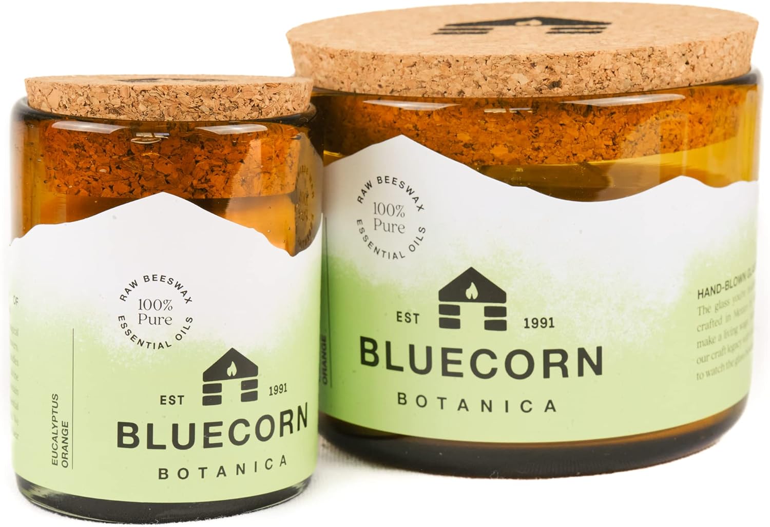 Vela de aceite esencial de eucalipto y naranja y cera de abeja pura en vidrio soplado. Vela Bluecorn Beeswax Botanica de 3 mechas perfumada no