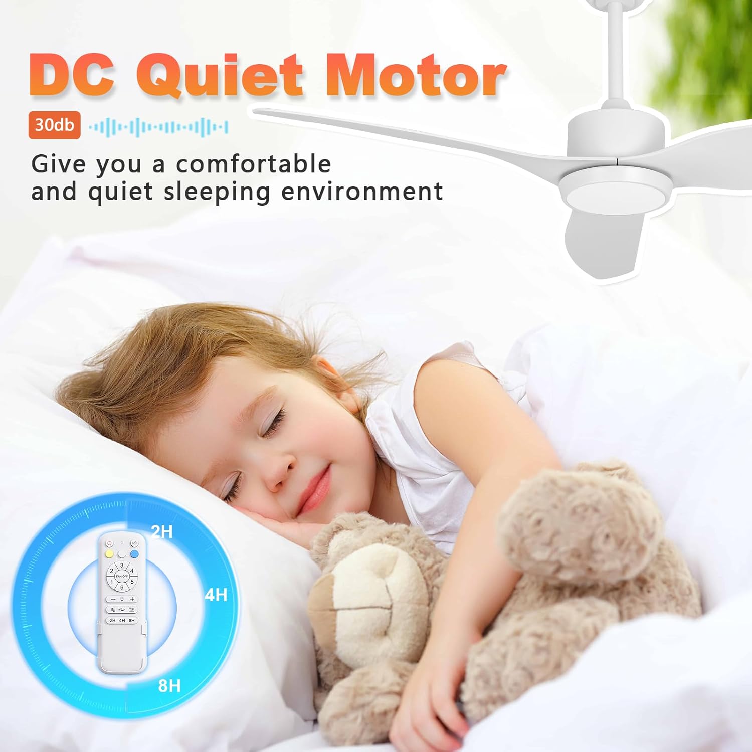 Ventilador de techo blanco con control remoto de luz de 52 pulgadas, 6 velocidades, motor silencioso reversible, 3CCT, regulable, LED, temporizador,