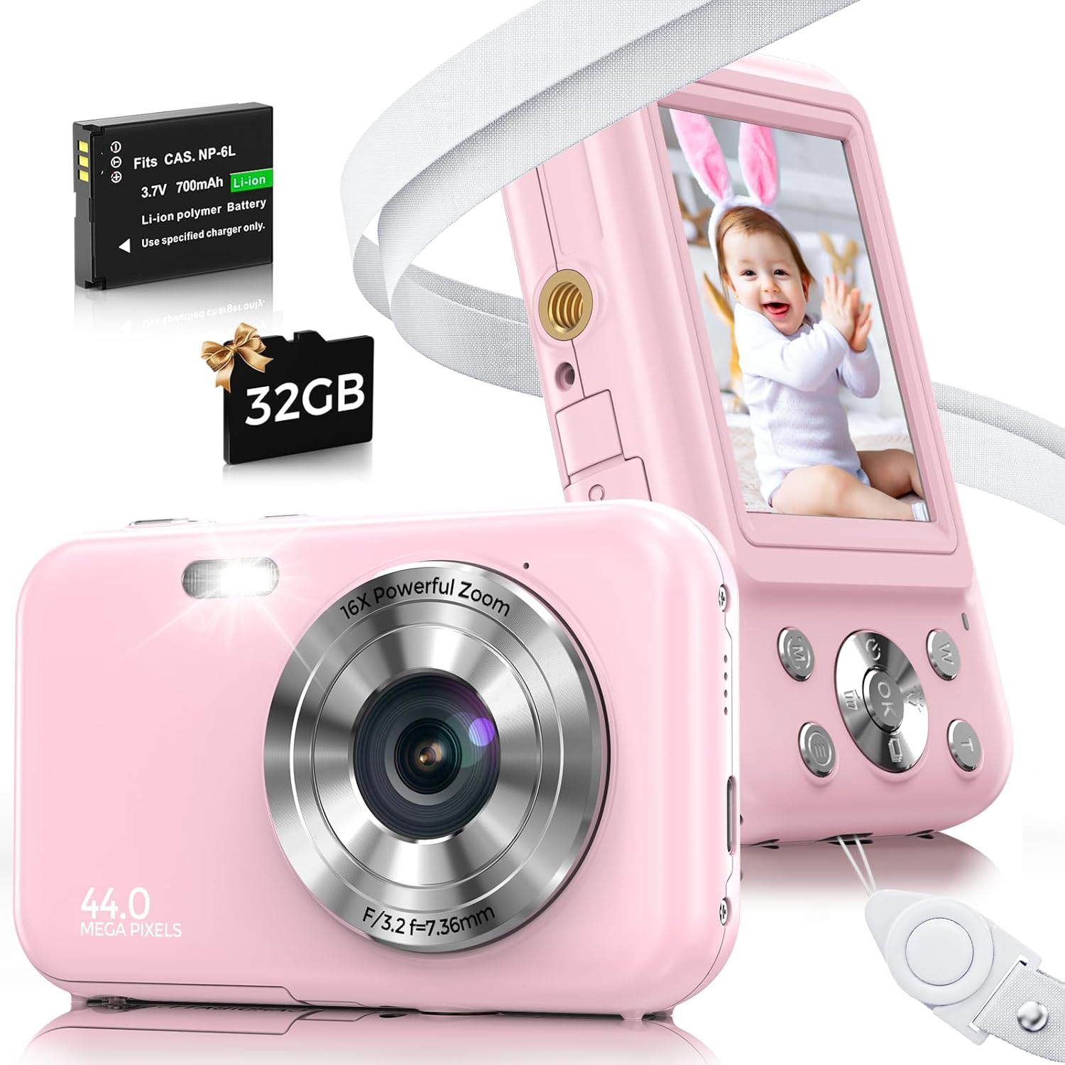 Cámara digital, FHD 1080P 44MP cámara para niños para fotografía con tarjeta de 32 GB, cámara digital de punto de zoom 16X y disparar con luz de